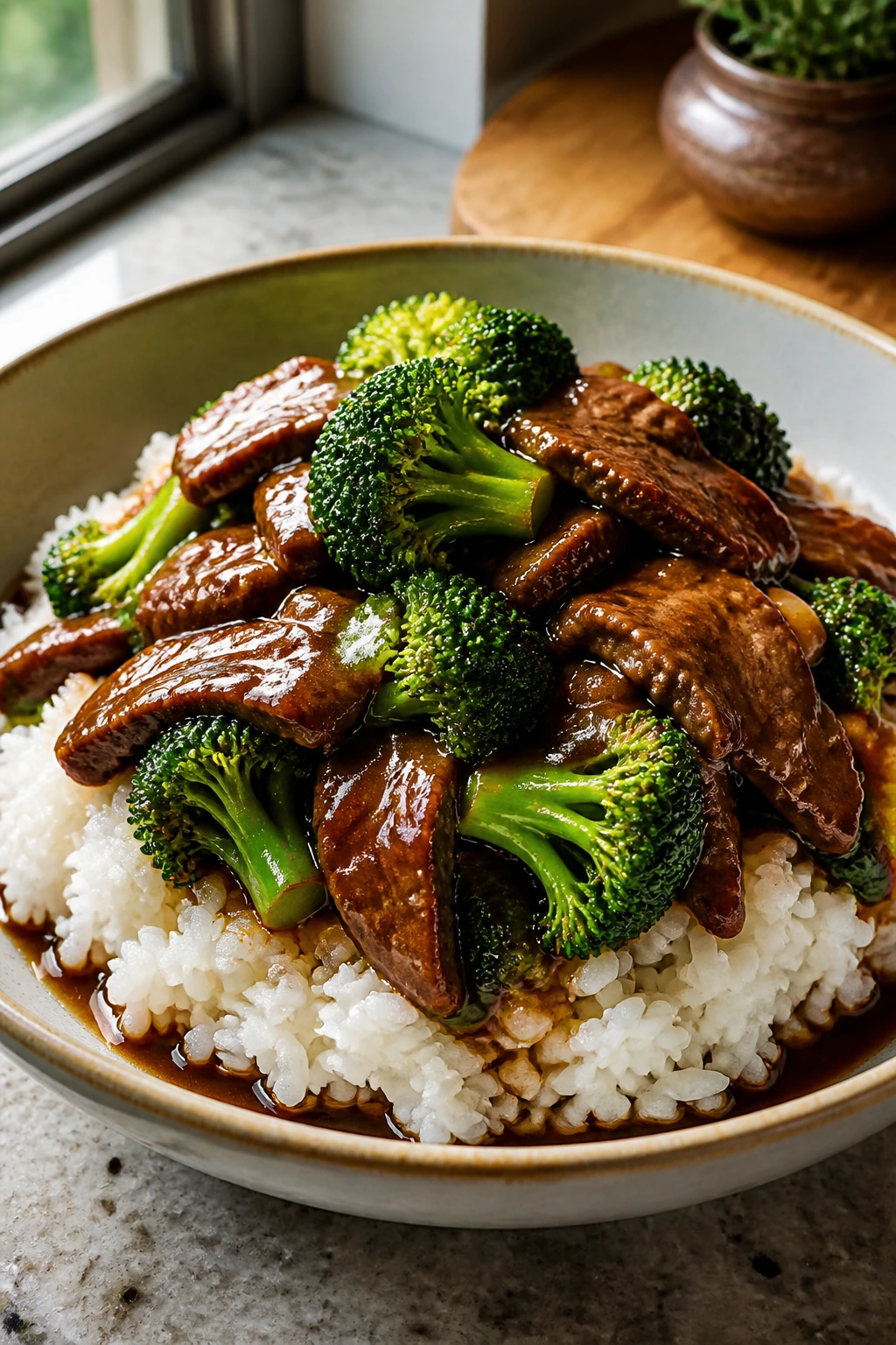 Plated bowl with jasmine rice and beef broccoli sauce, plated to look complete