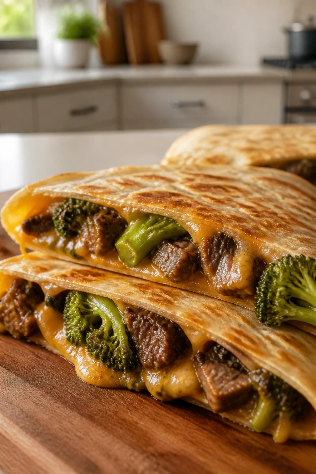 Crispy quesadilla wedge with beef and broccoli filling