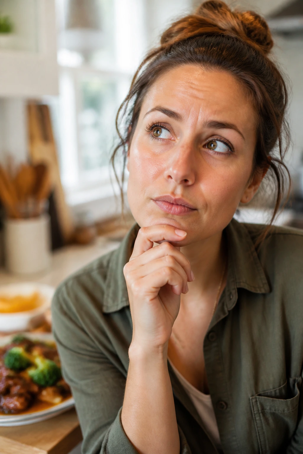 Portrait of a person in a kitchen considering beef broccoli questions