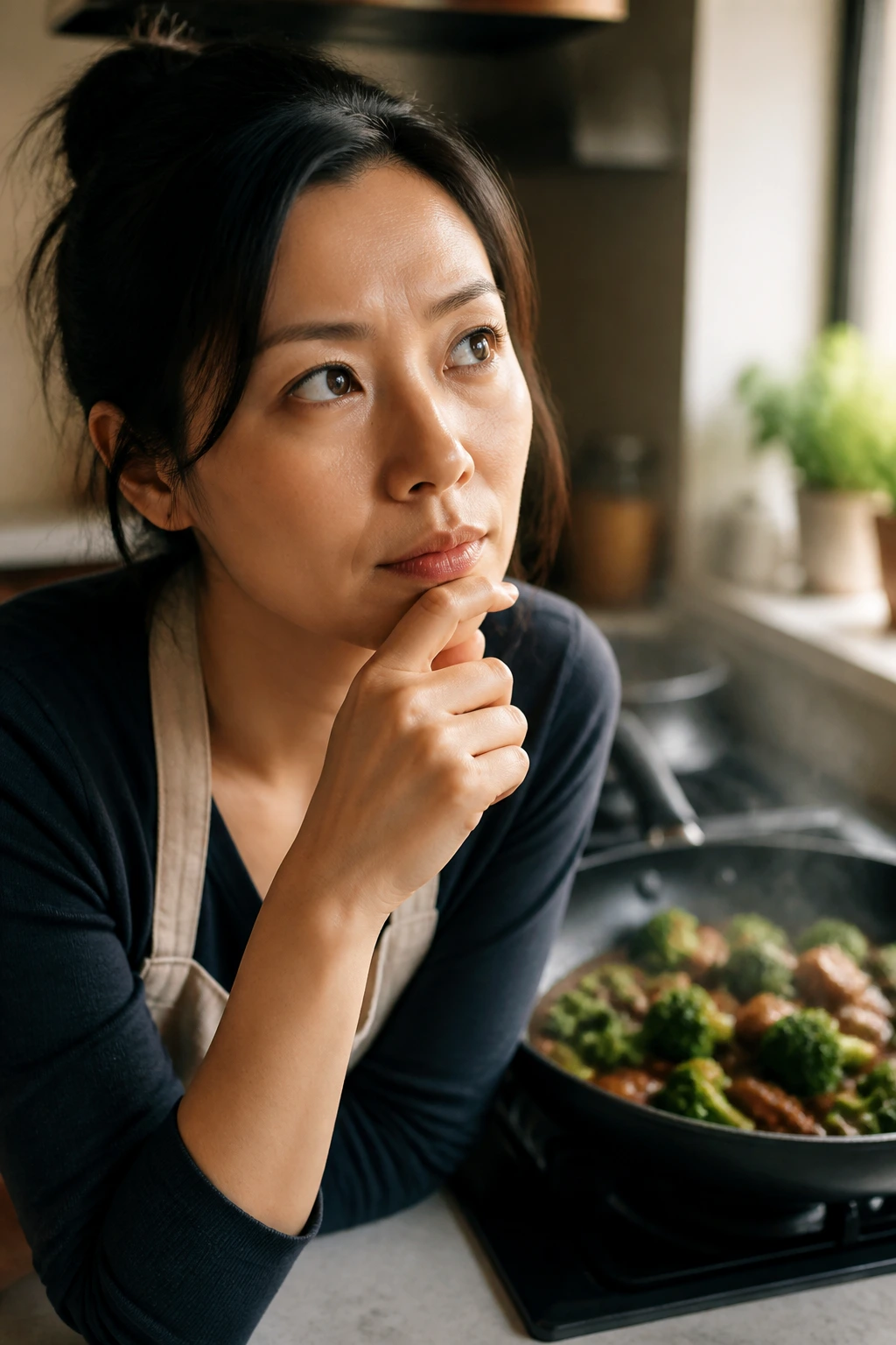 Close-up portrait of a cook ponderingSticky Beef Broccoli Stir Fry questions in a kitchen