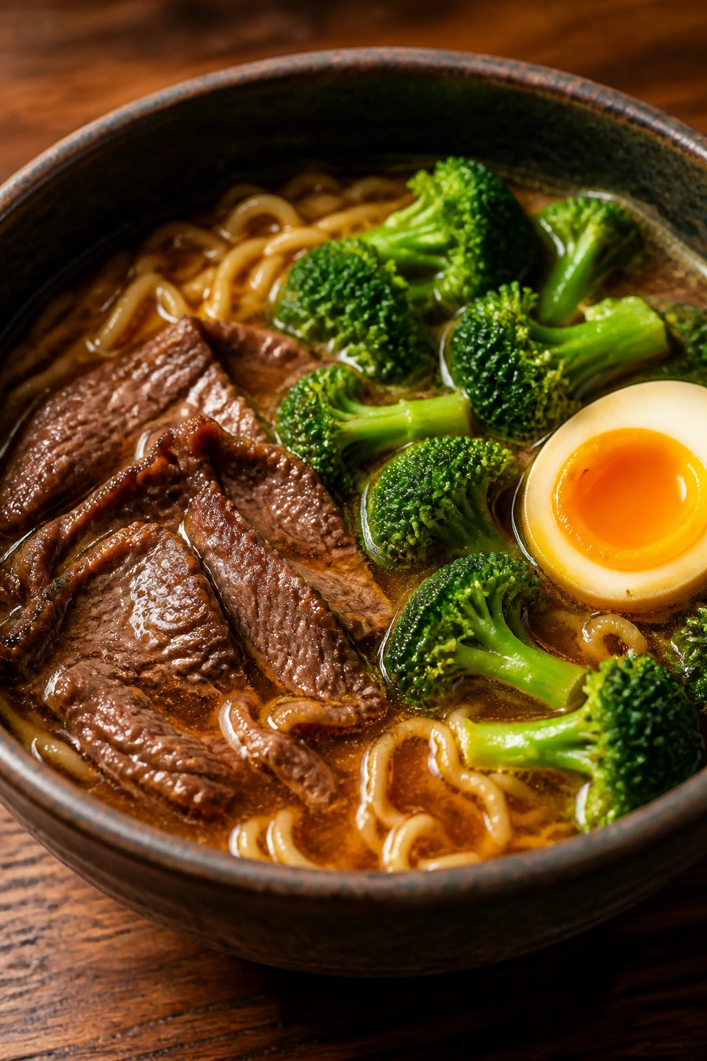 Steaming bowl of beef and broccoli ramen with egg