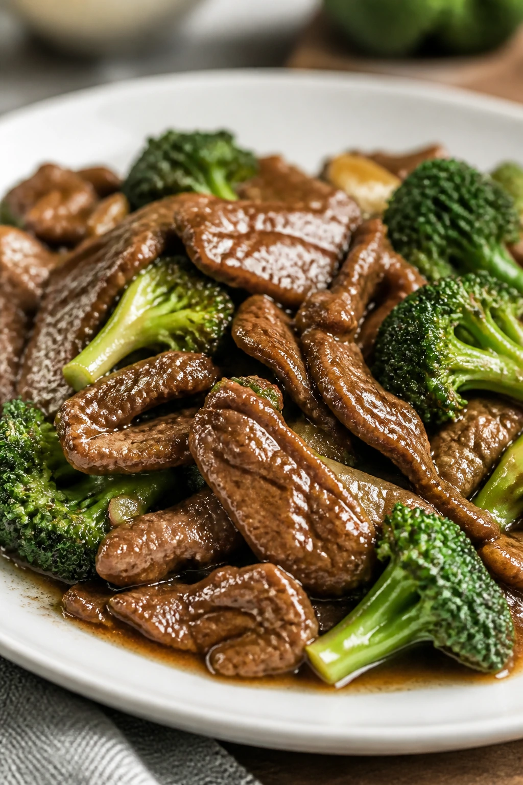 Close-up of Juicy Easy Beef and Broccoli on a plate with glossy sauce in a warm kitchen