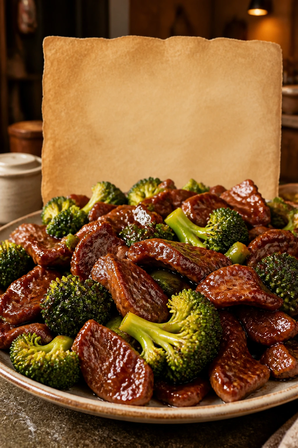 Close-up of beef and broccoli dish with recipe-card prop in a kitchen