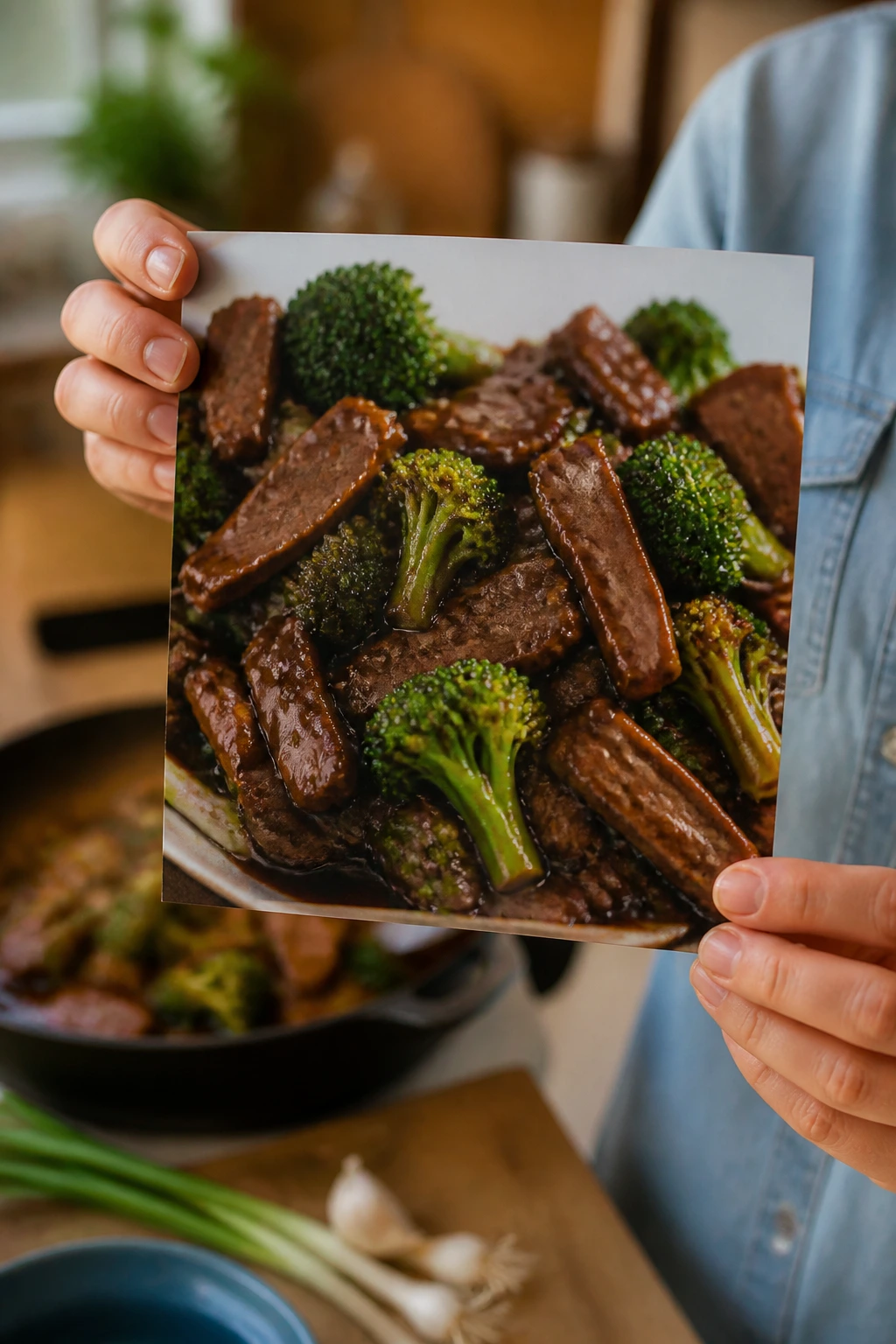 Hands holding a recipe card showing beef and broccoli image in a warm kitchen