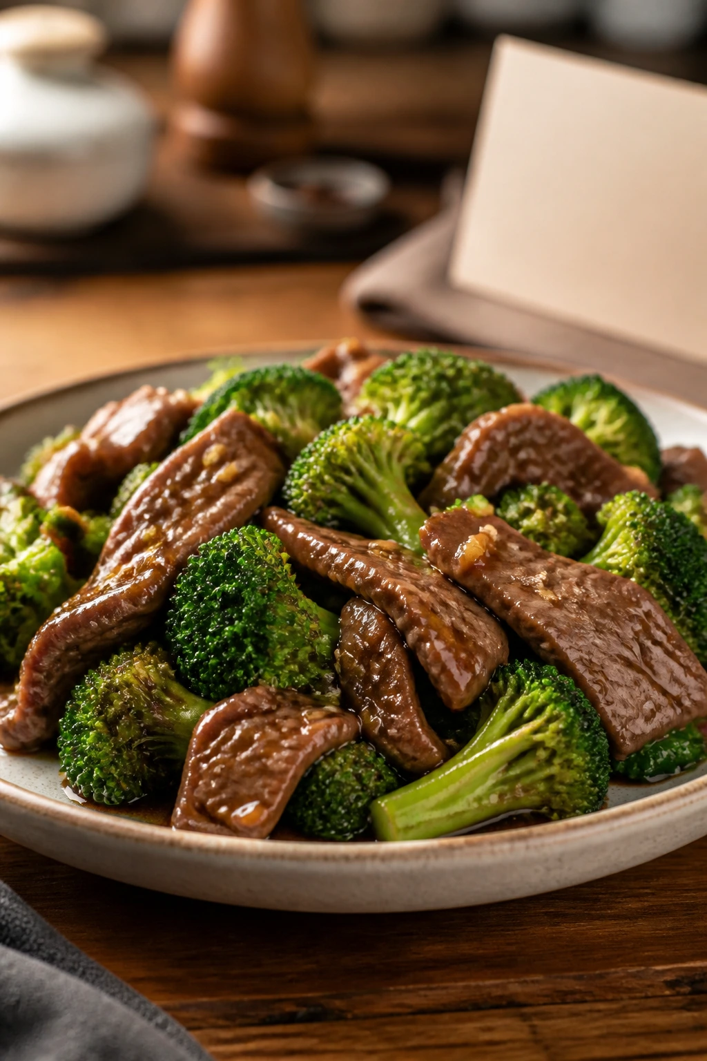 Close-up of plated beef and broccoli with glossy sauce and a blurred blank recipe card in the background