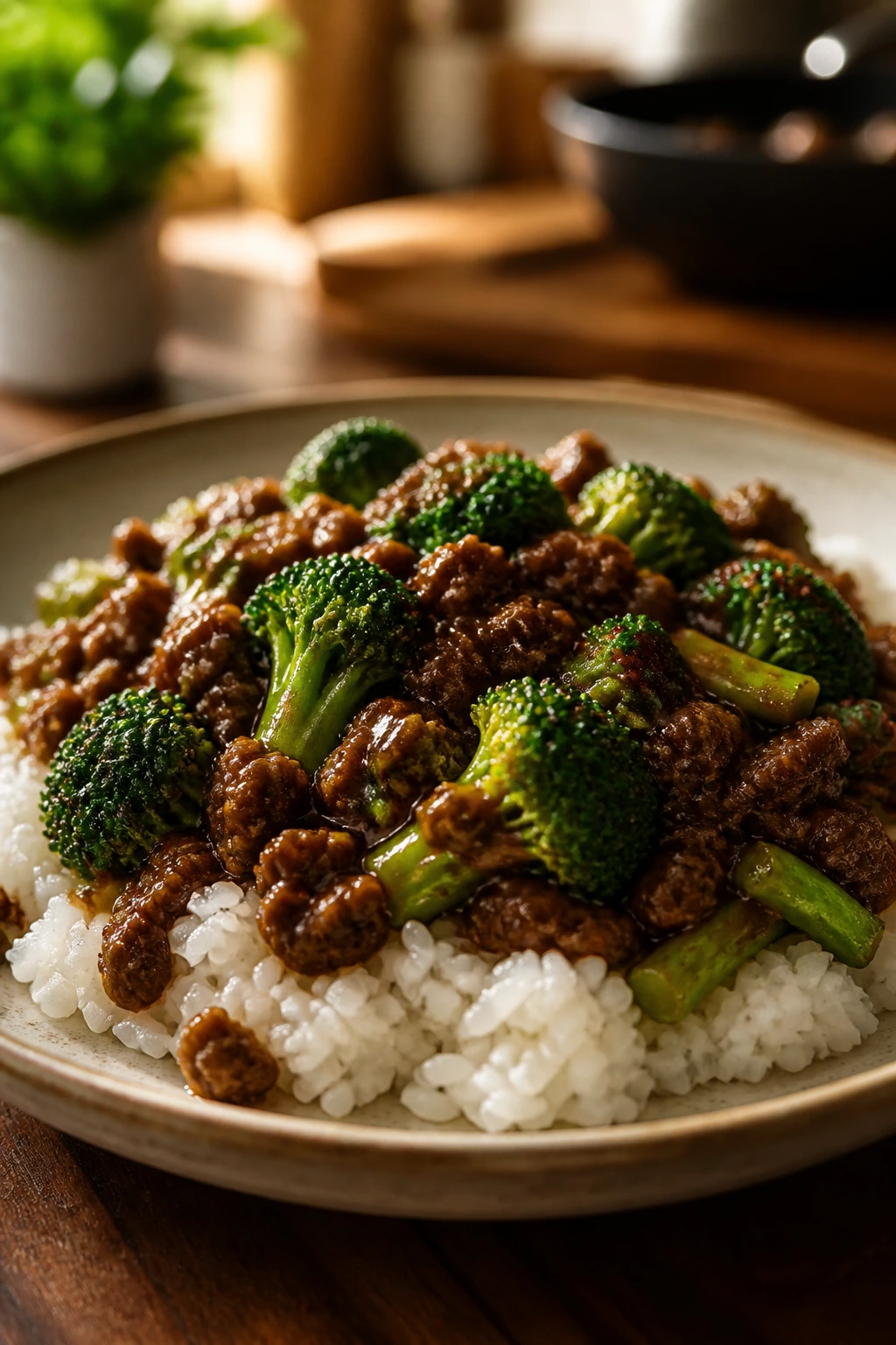 Plate of ground beef and broccoli with rice in a home kitchen.