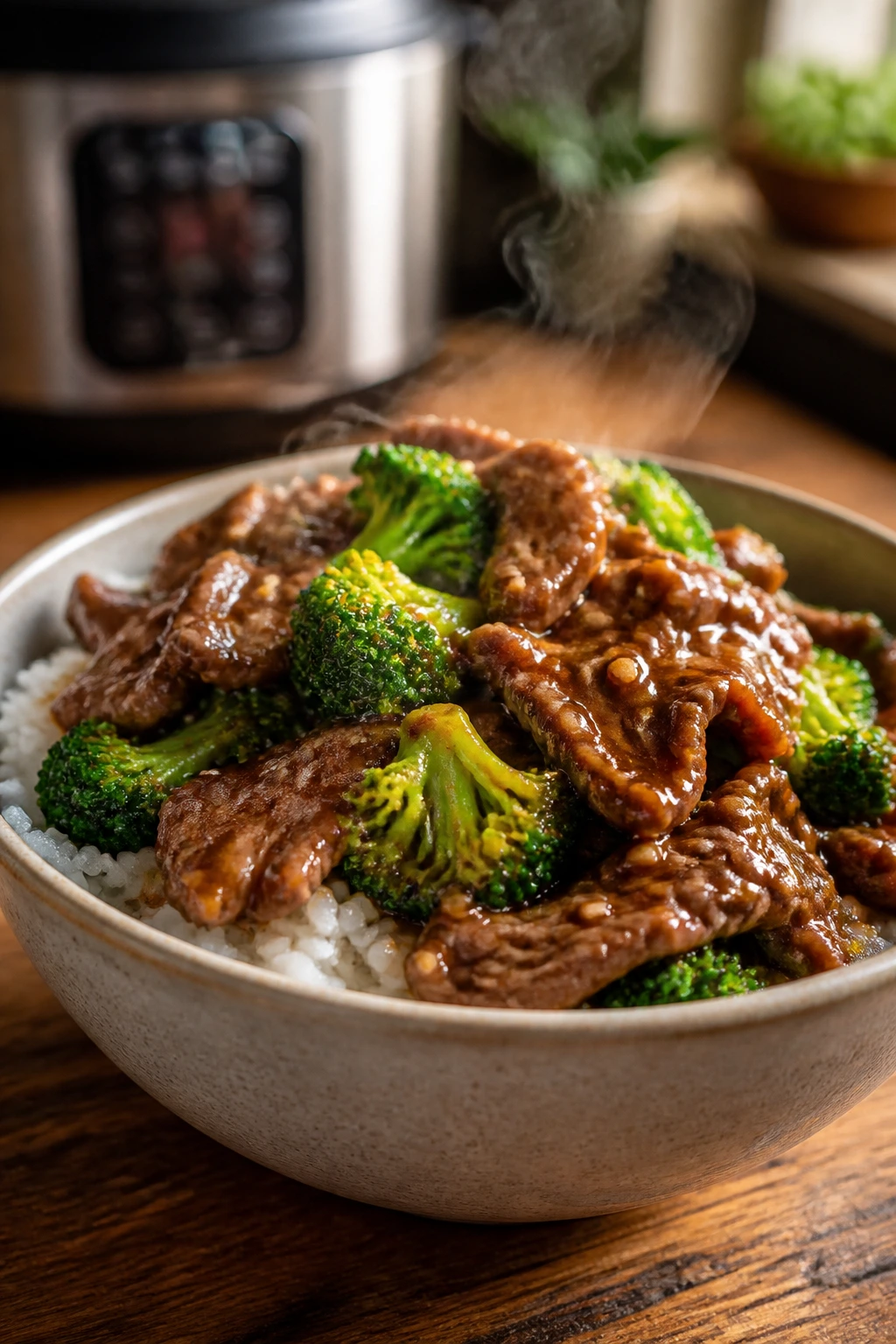 Close-up of beef and broccoli rice cooker bowl in a home kitchen
