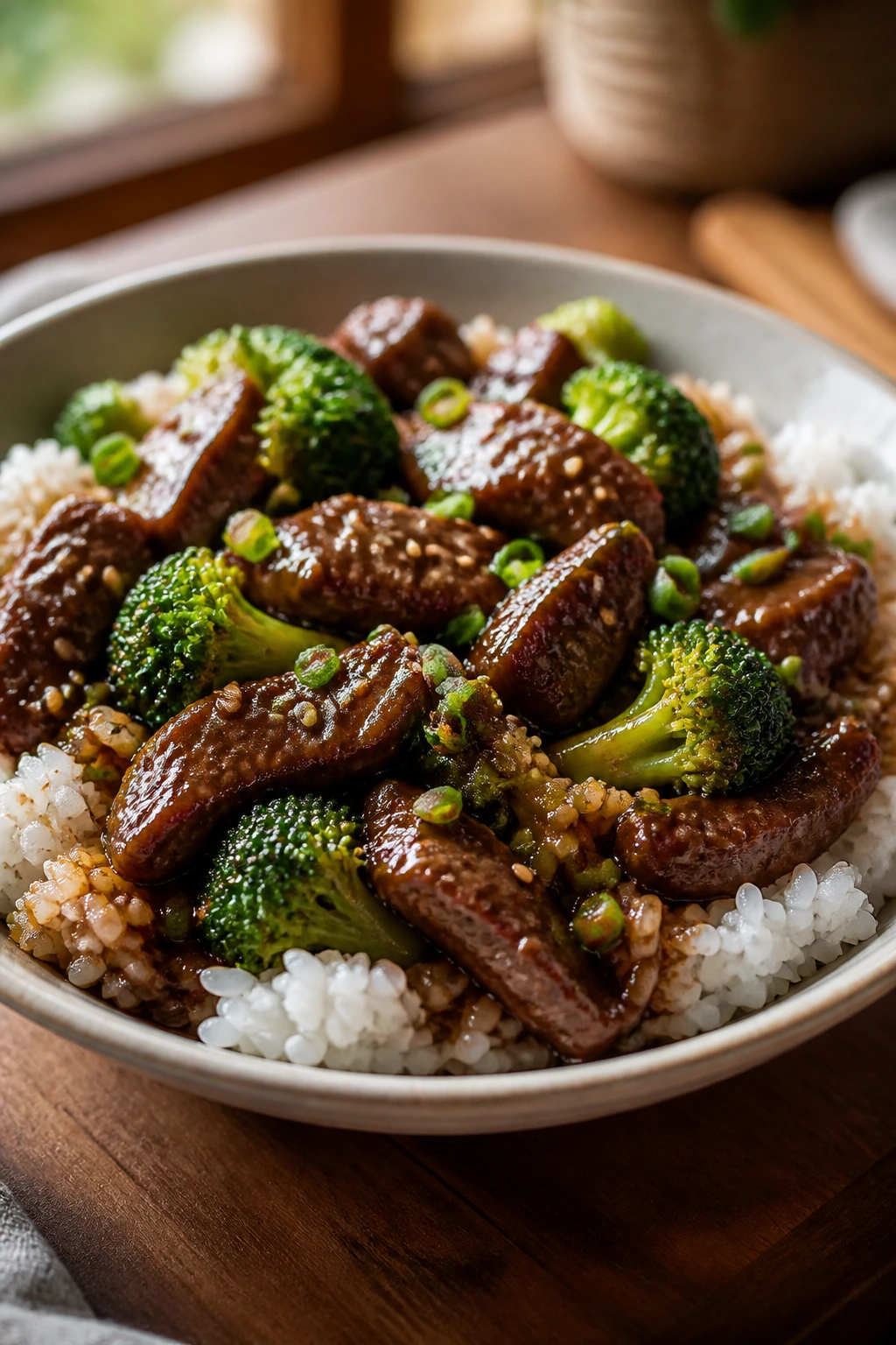 Finished beef and broccoli bowl with rice and glossy sauce