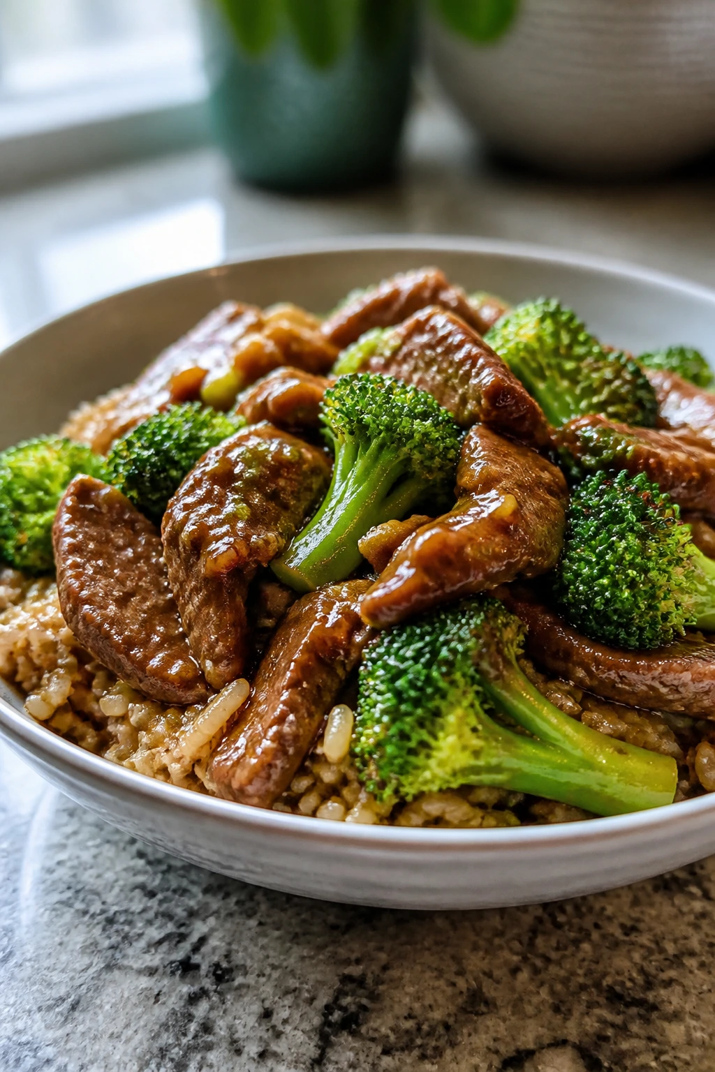 Beef and broccoli stir-fry over brown rice