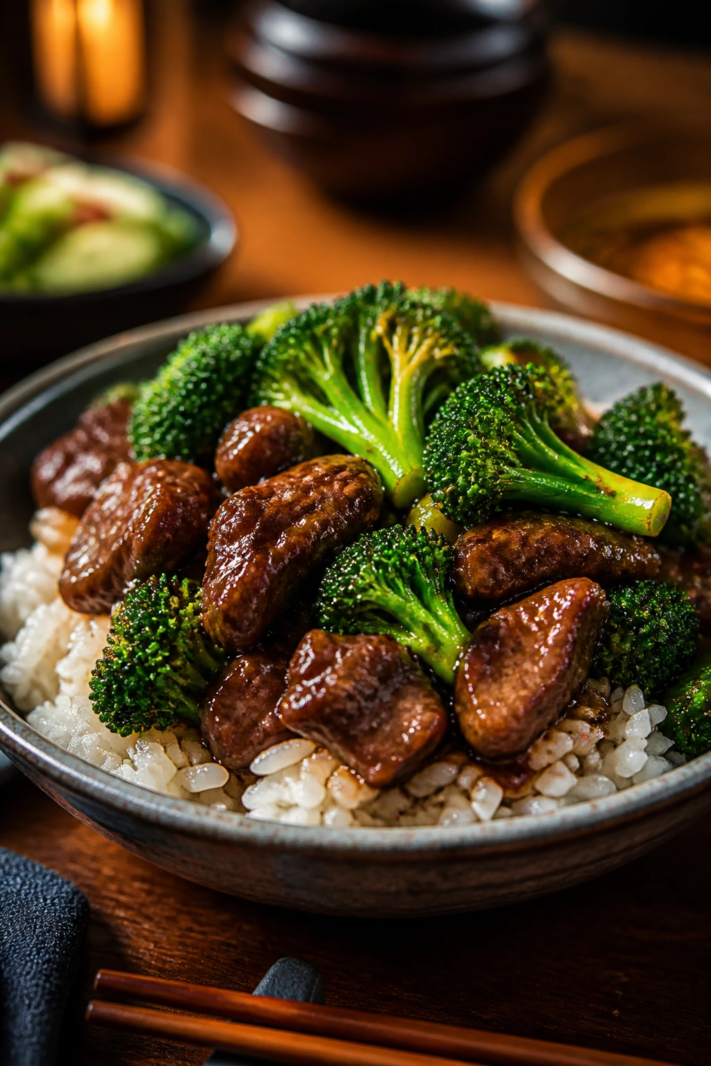 Beef and broccoli served over steaming jasmine rice in a bowl with broccoli on top