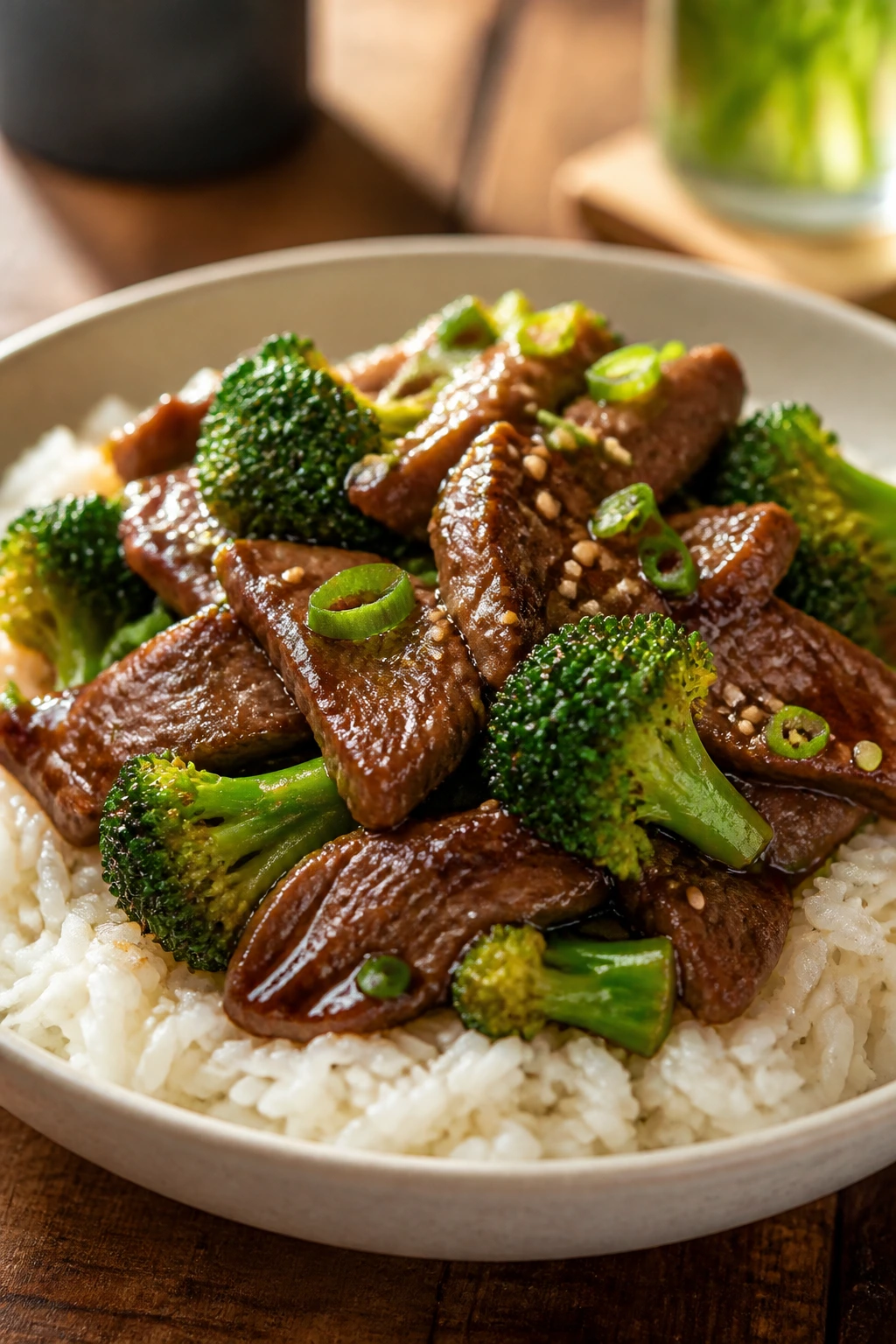 Beef and broccoli over rice in a bowl with sesame seeds and green onions