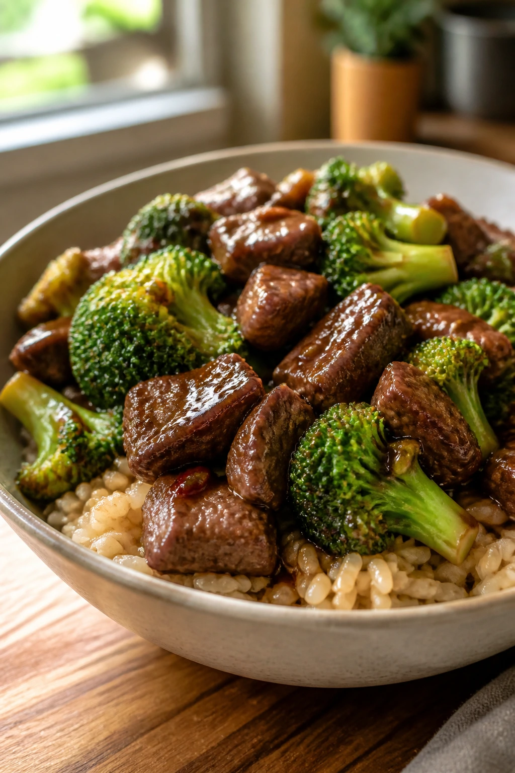 Beef and broccoli rice bowl with glossy sauce