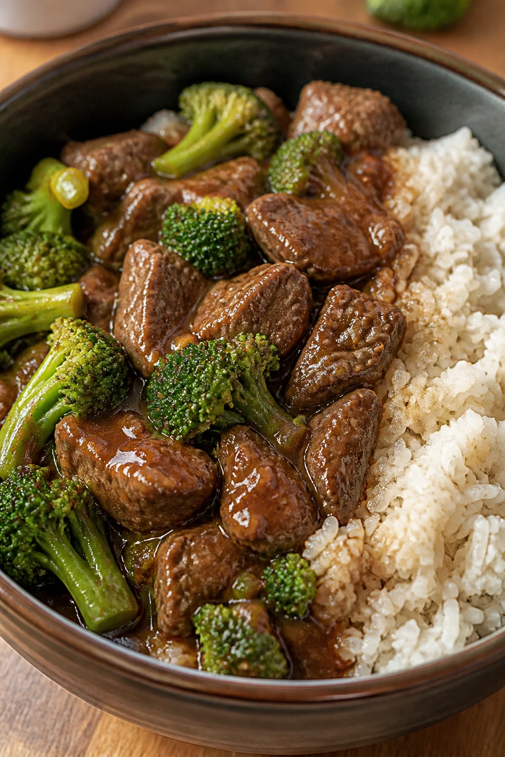 Close-up of glossy beef broccoli rice dish in a bowl