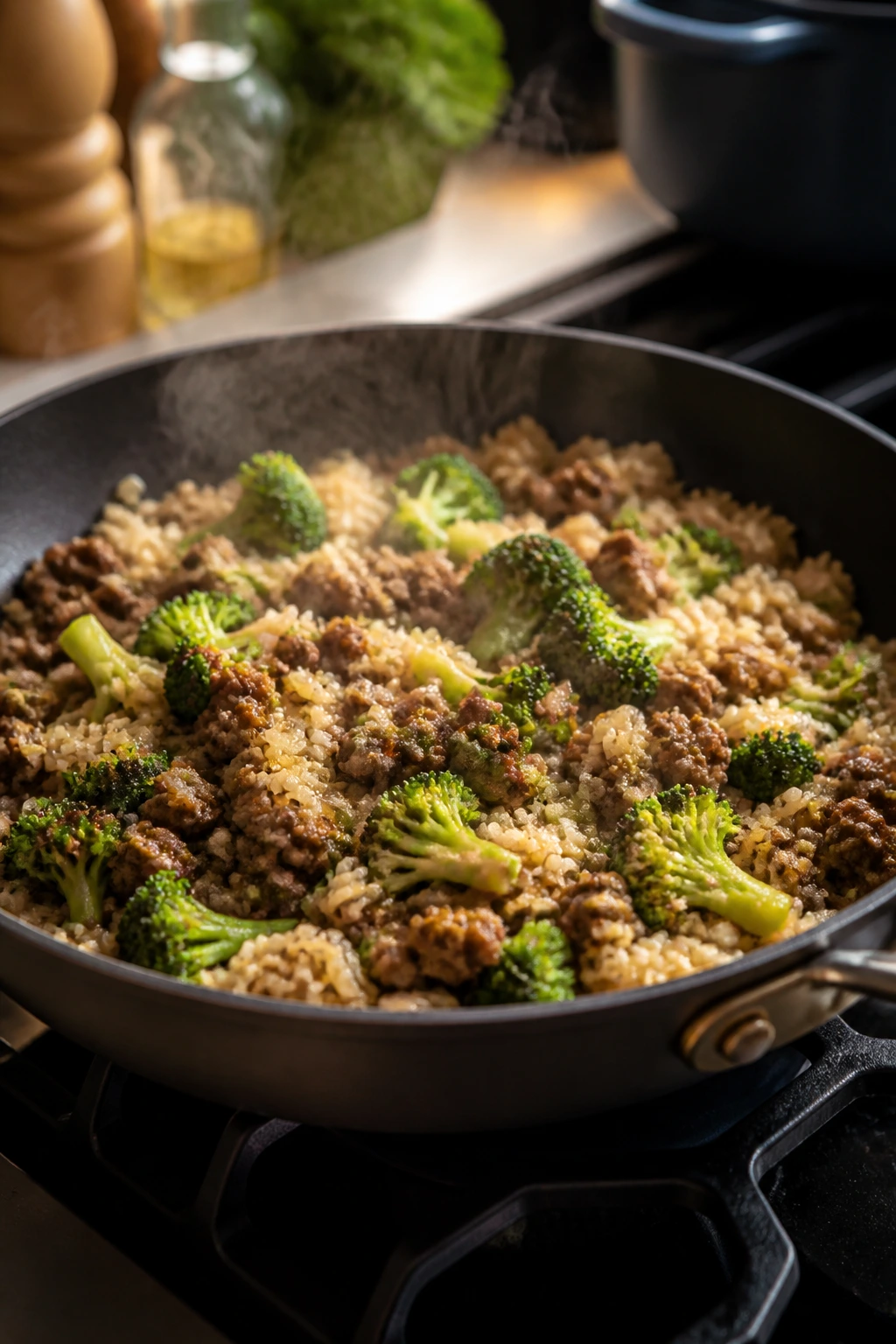 Skillet with beef, broccoli and rice cooking together