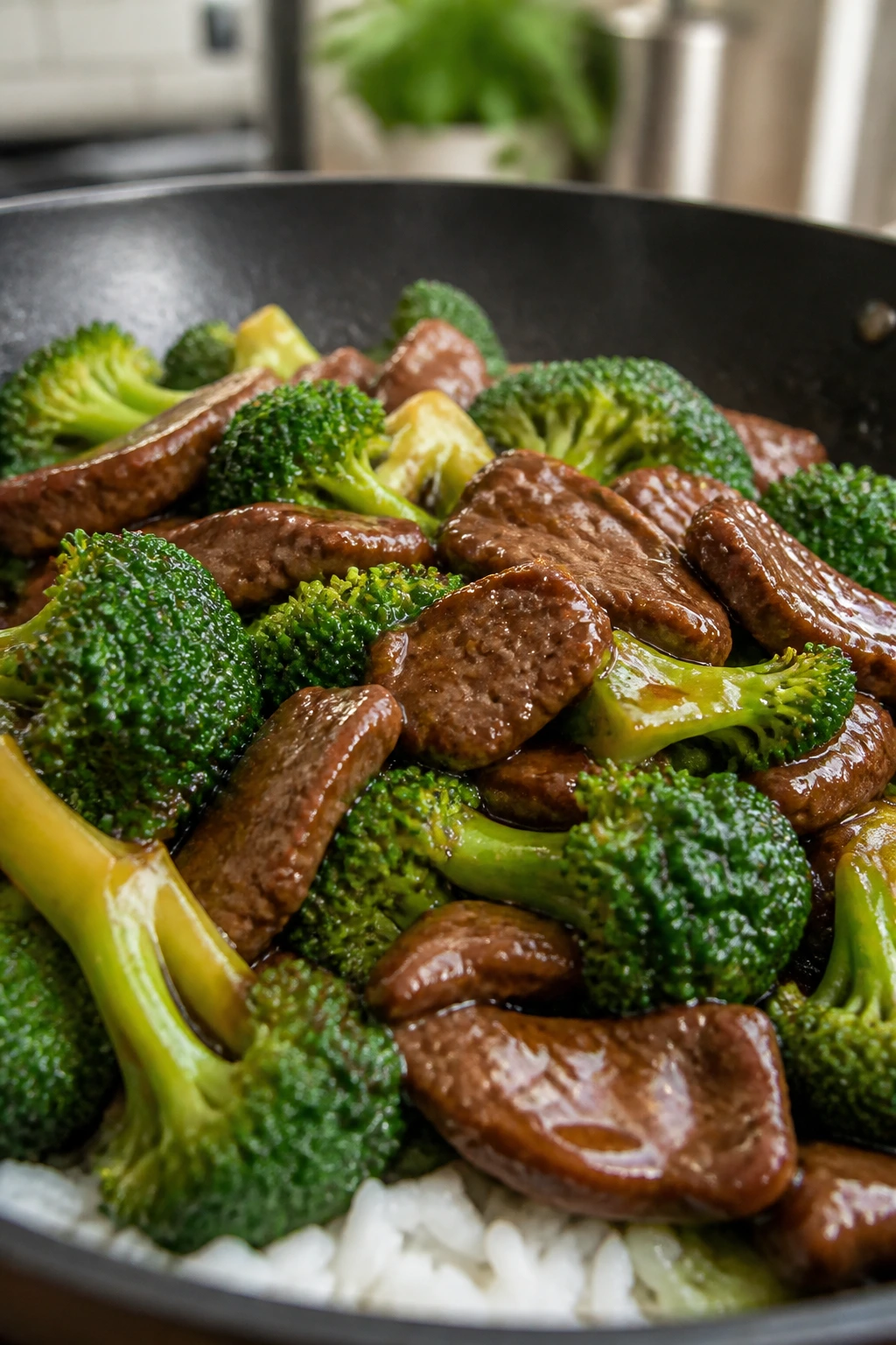 Beef and broccoli in glossy sauce in a wok