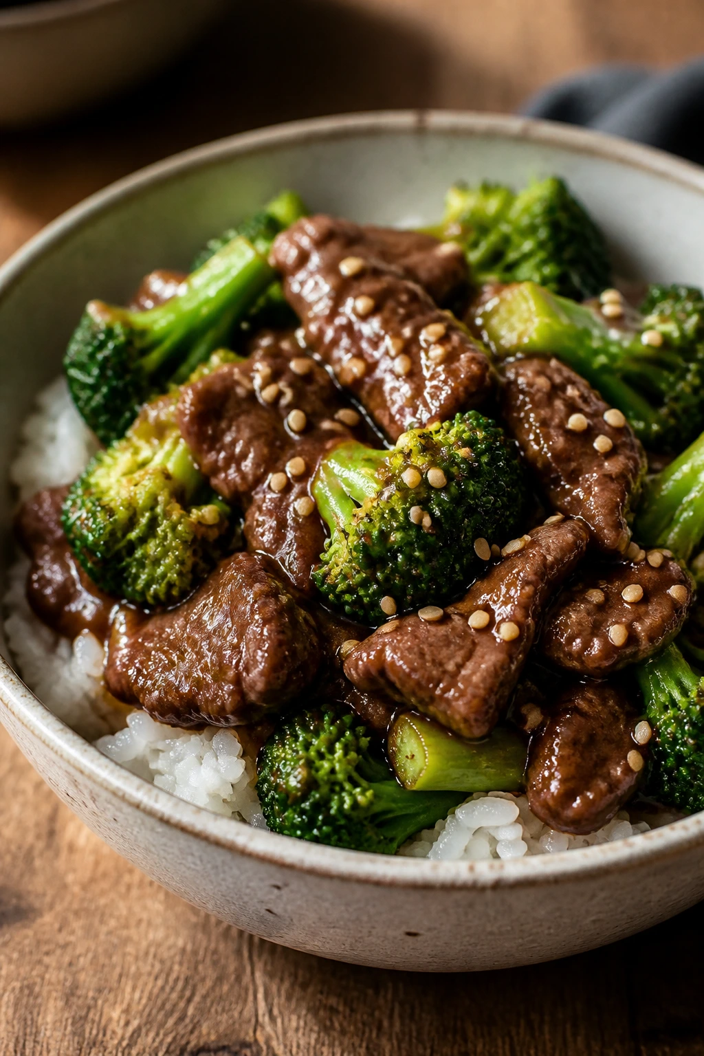 Beef and broccoli over rice in a glossy bowl