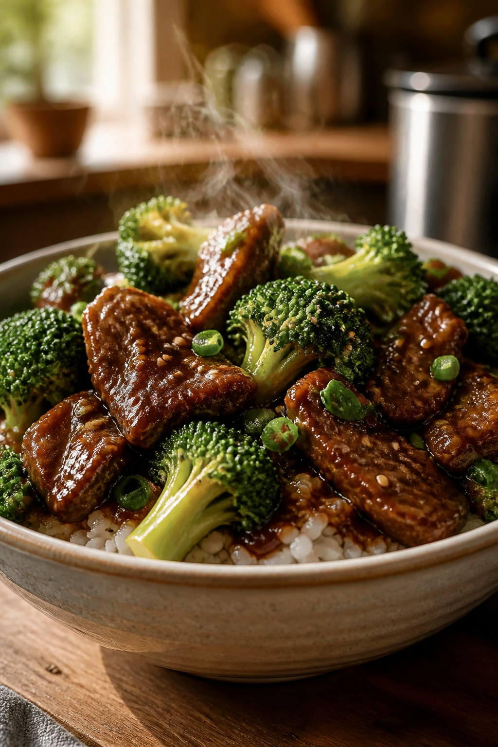 Close-up of beef and broccoli over rice in a glossy sauce in a cozy kitchen