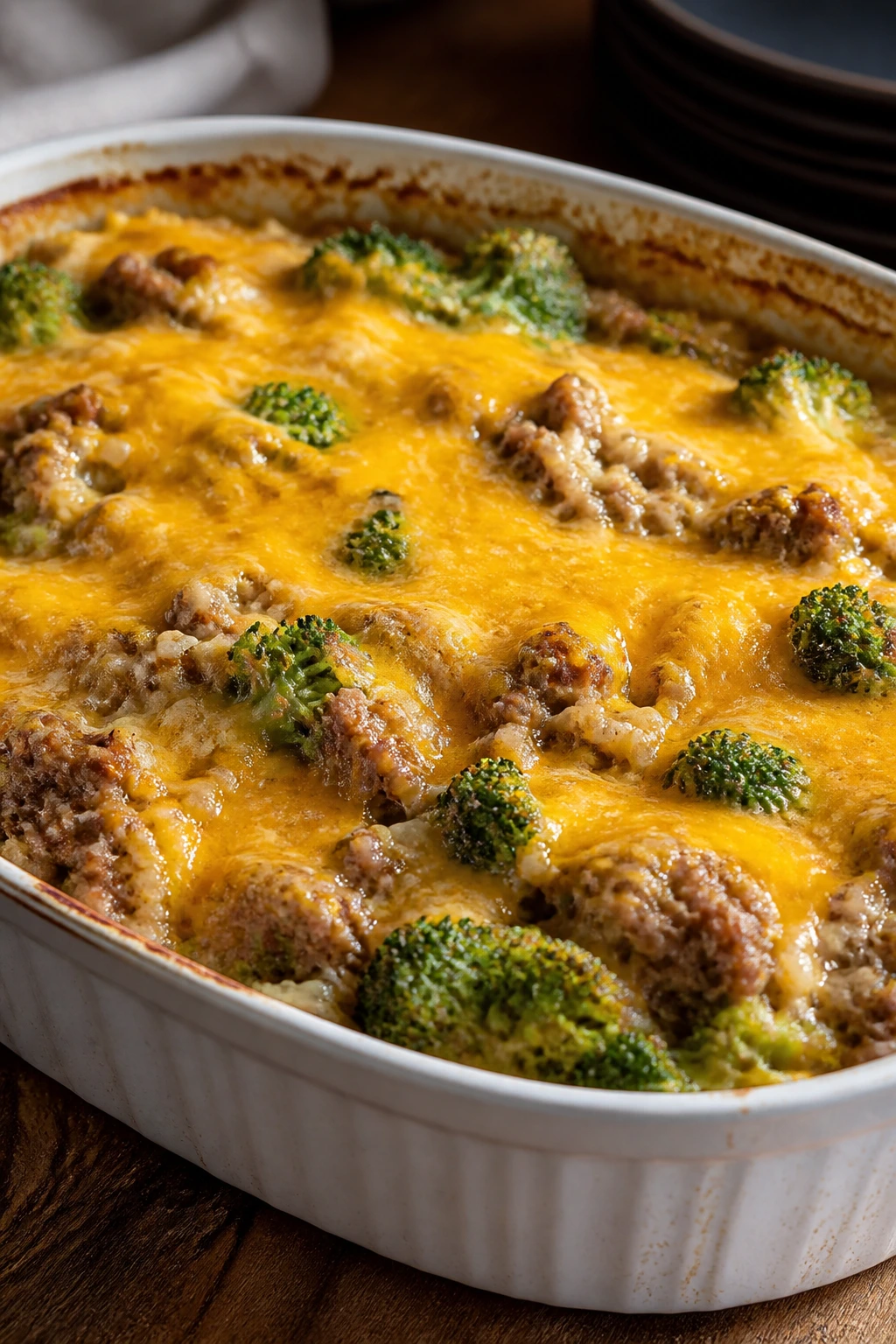 Cheesy ranch beef broccoli rice bake in casserole dish