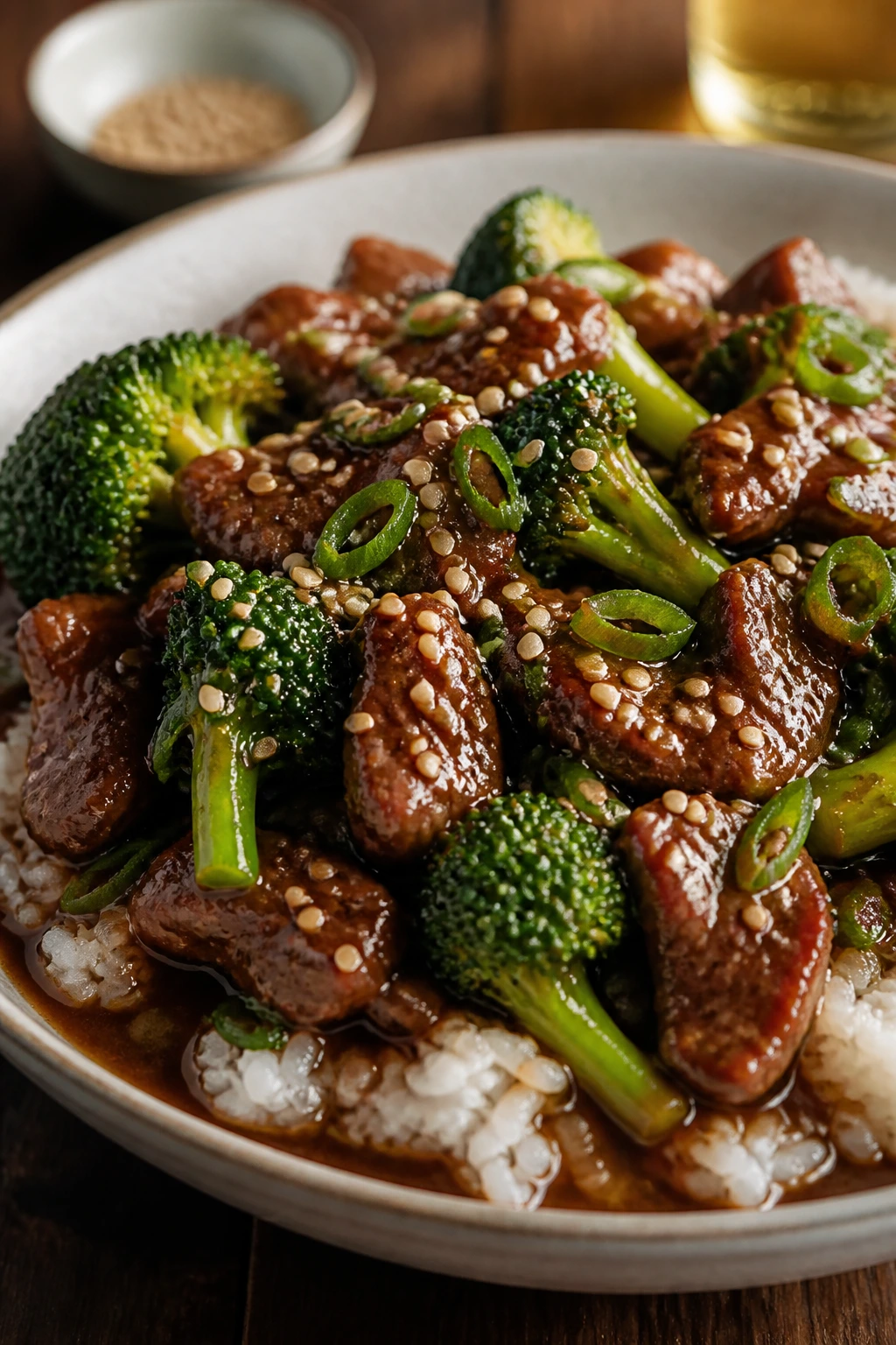 Beef and broccoli served over jasmine rice in a glossy bowl