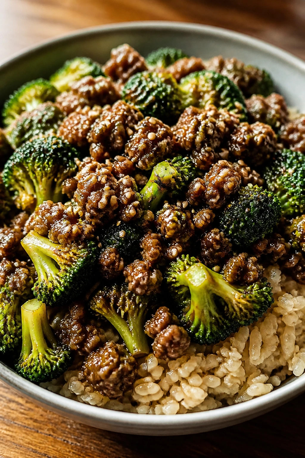 Beef and broccoli over brown rice in a bowl with sesame seeds