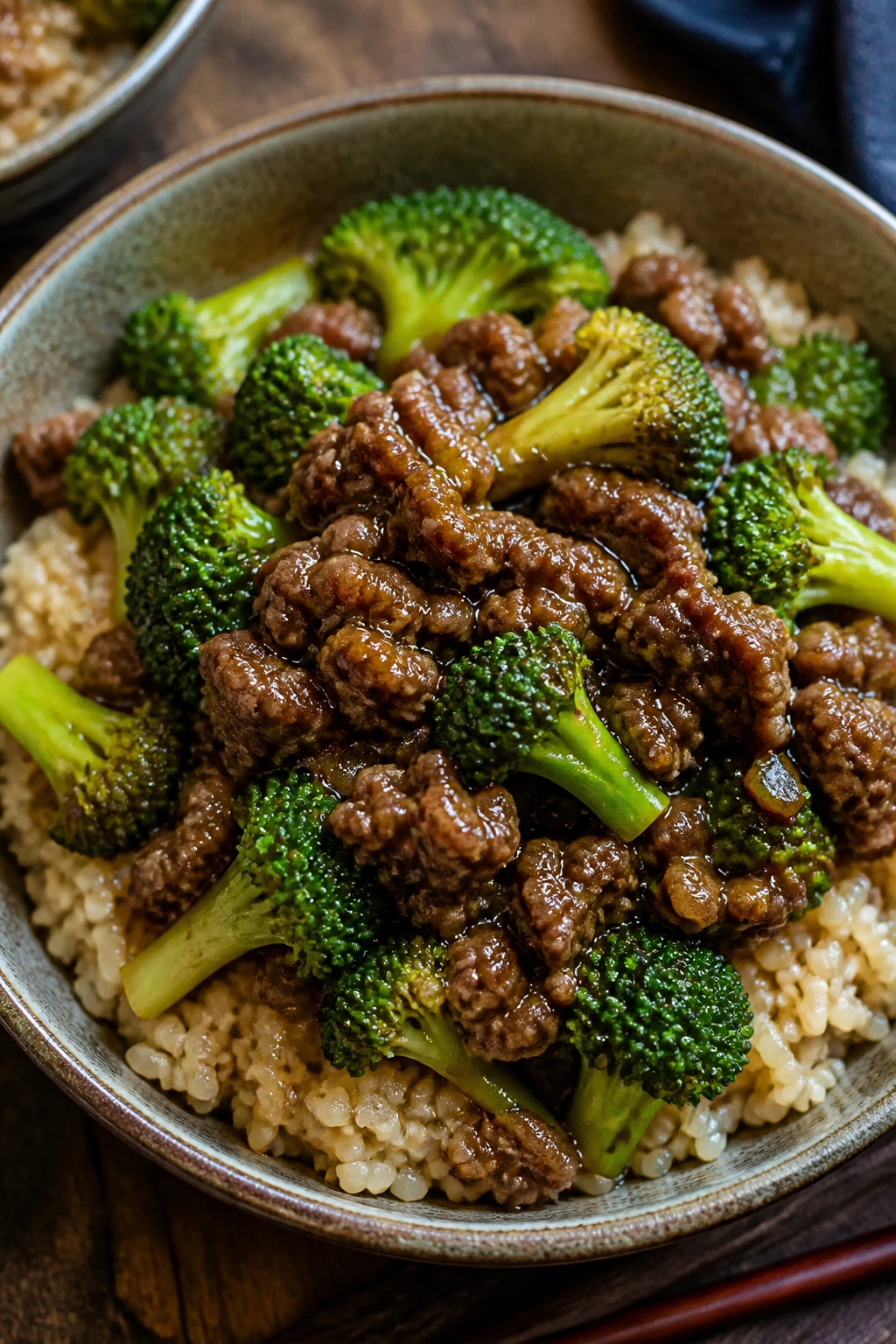Beef and broccoli over brown rice in a bowl