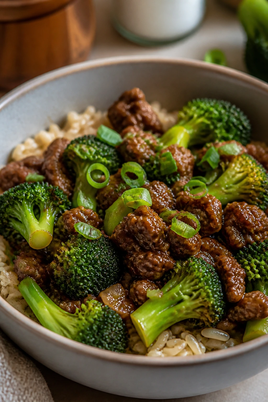 Beef and broccoli over brown rice in a bowl