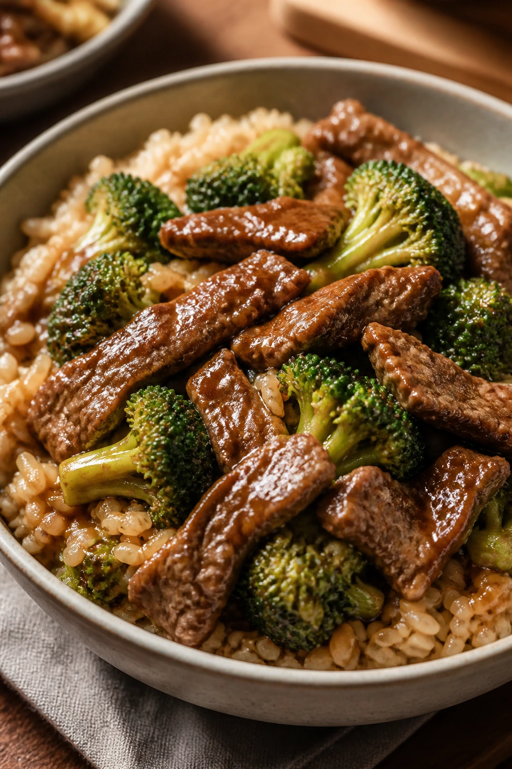 Close-up of beef and broccoli over brown rice in a glossy bowl.