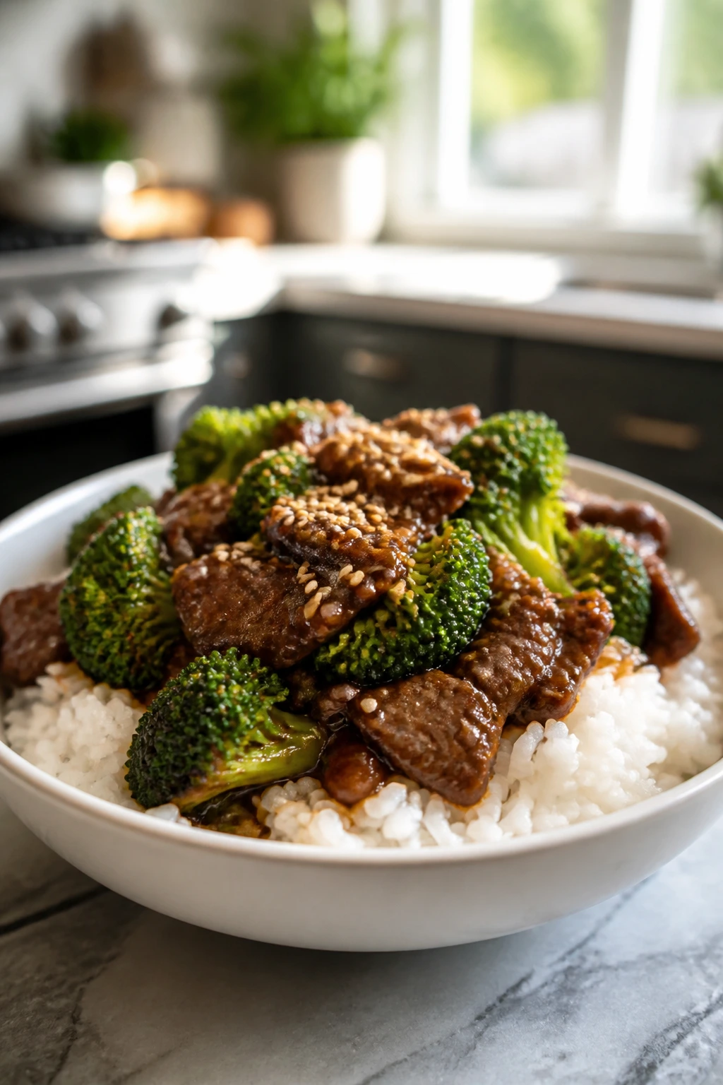 Beef and broccoli over rice in a bowl with bright greens and glossy sauce