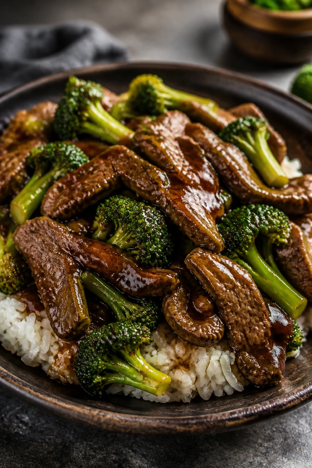 Close-up beef and broccoli rice bowl with glossy sauce and broccoli