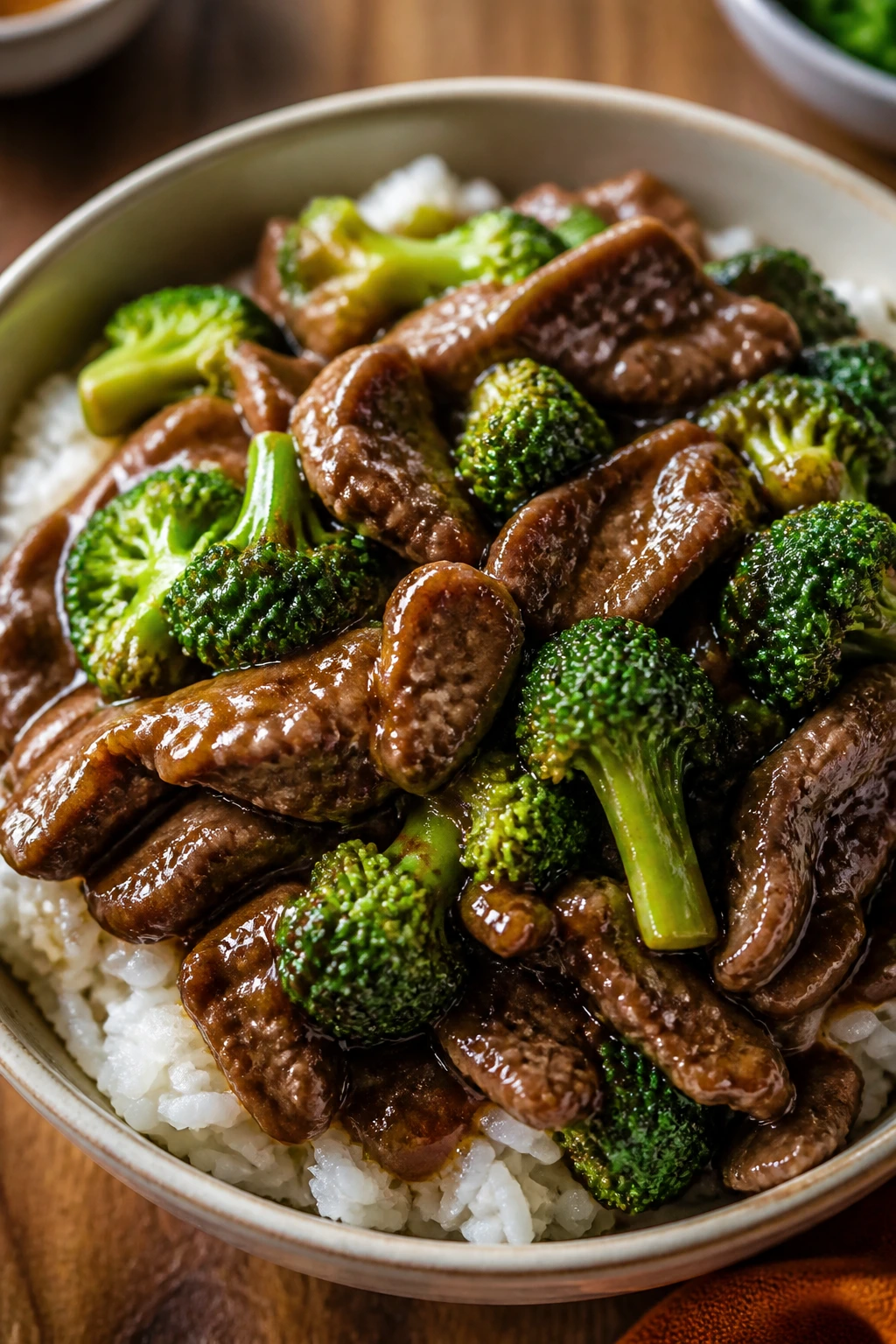 Close-up of beef and broccoli rice bowl with glossy sauce