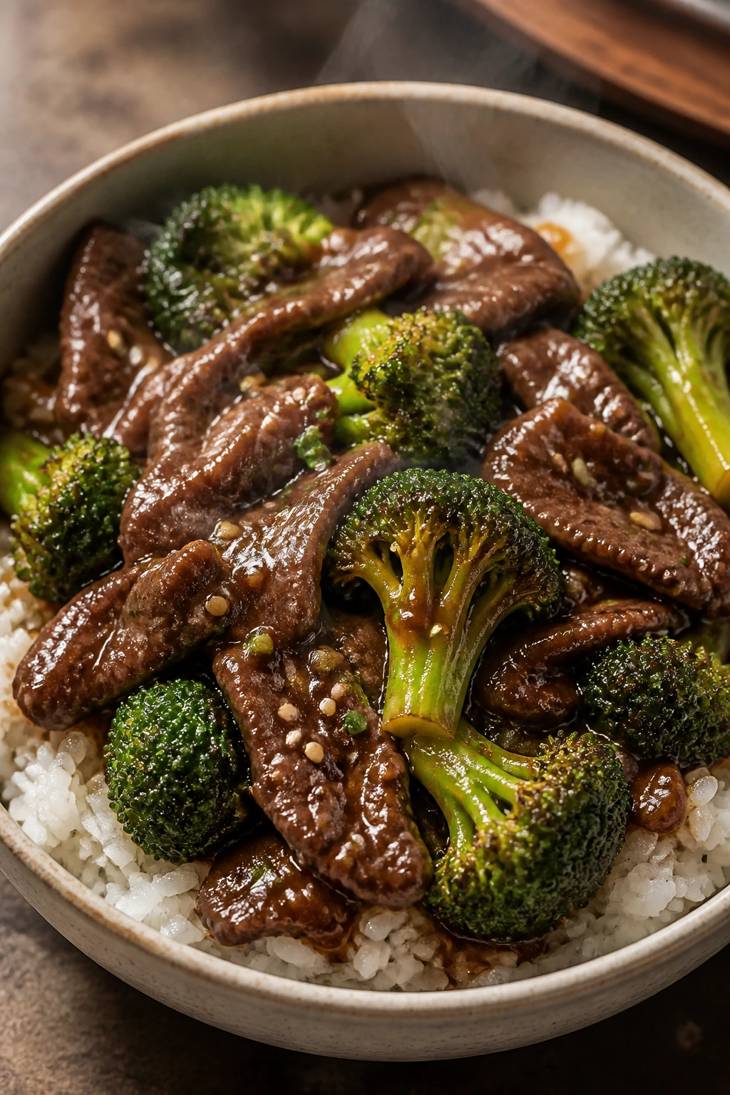 Close-up of beef and broccoli over rice in a glossy sauce bowl