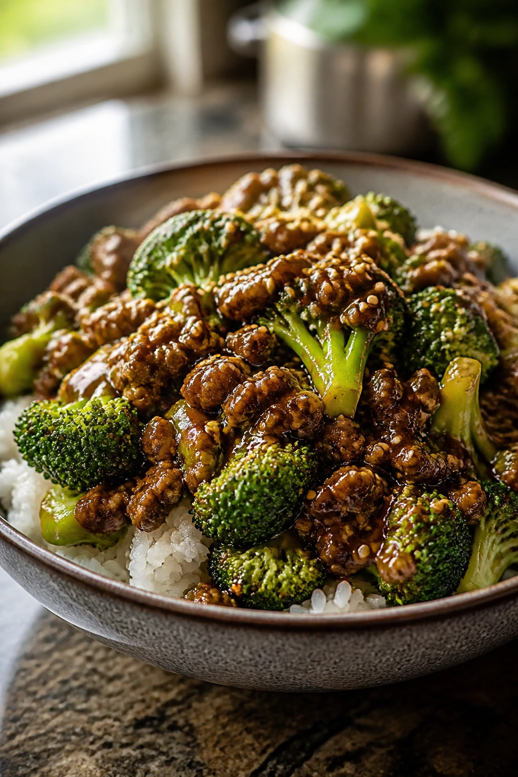 Glossy beef and broccoli with rice in a sesame sauce bowl