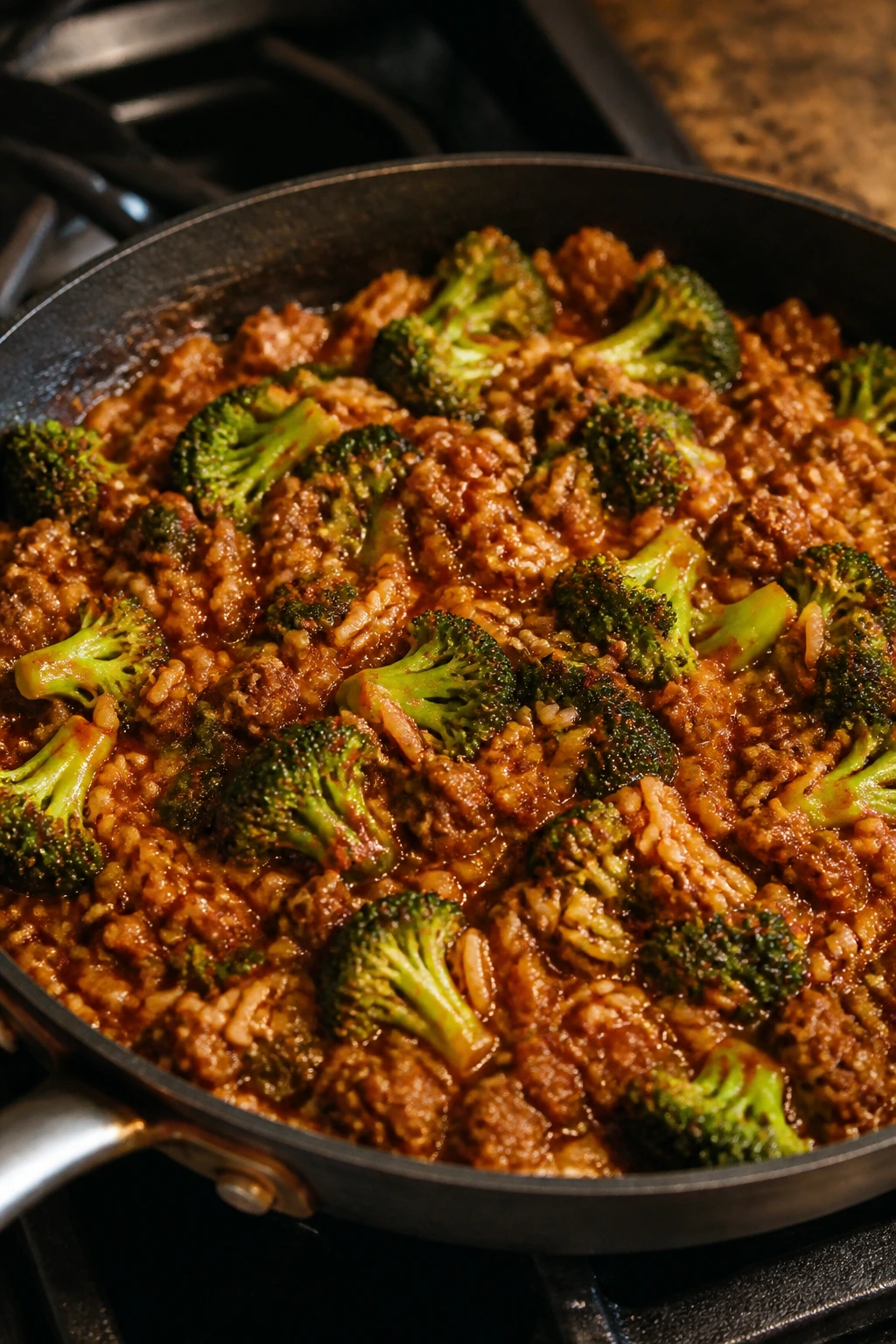 Beef broccoli rice in smoky chipotle sauce in a skillet