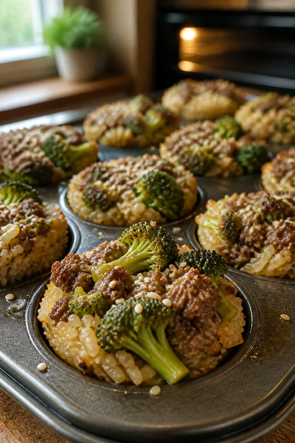 Close-up of beef and broccoli rice cups in muffin tins on a warm kitchen counter