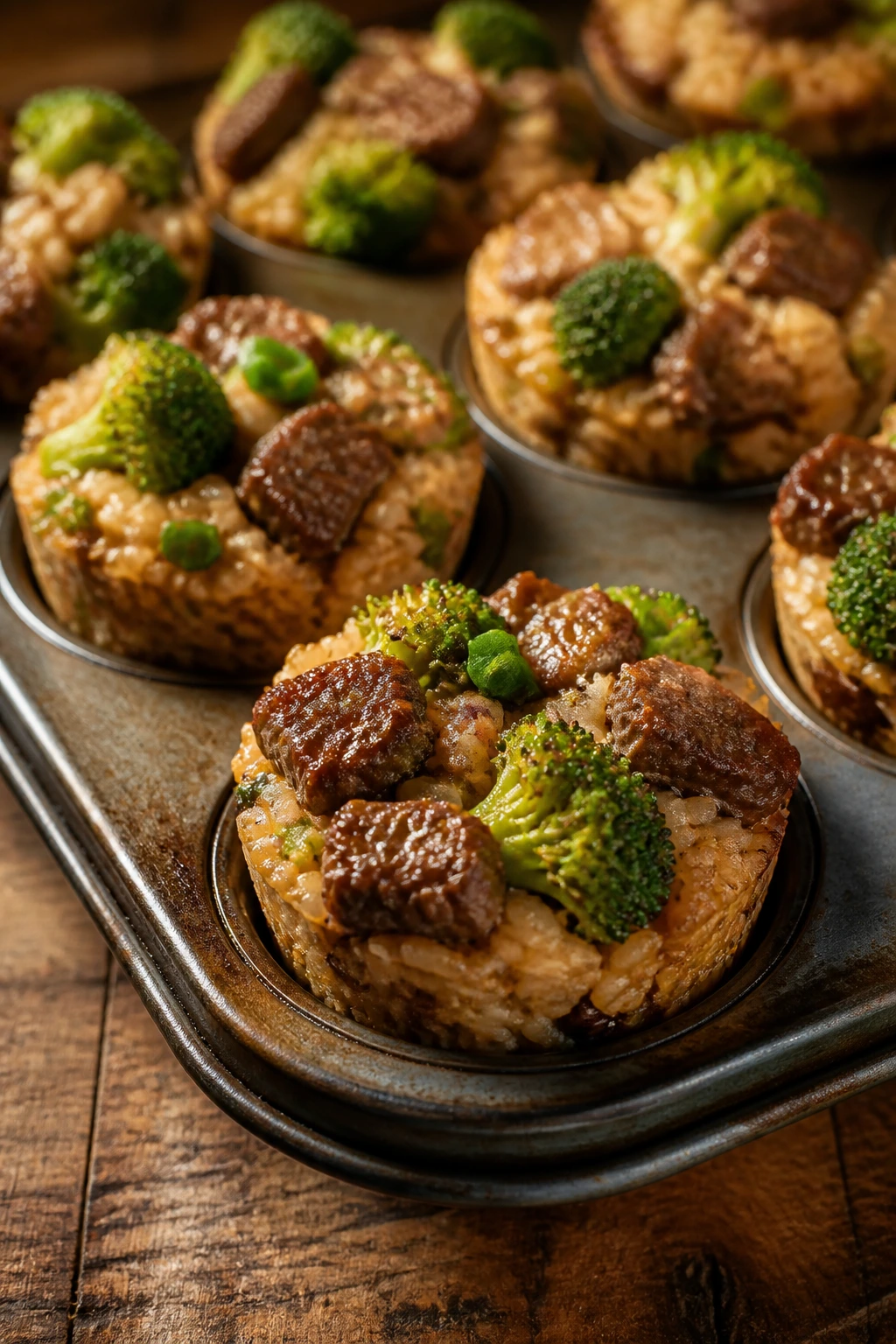 Close-up of beef and broccoli rice cups filling the frame for kid-friendly lunchboxes.