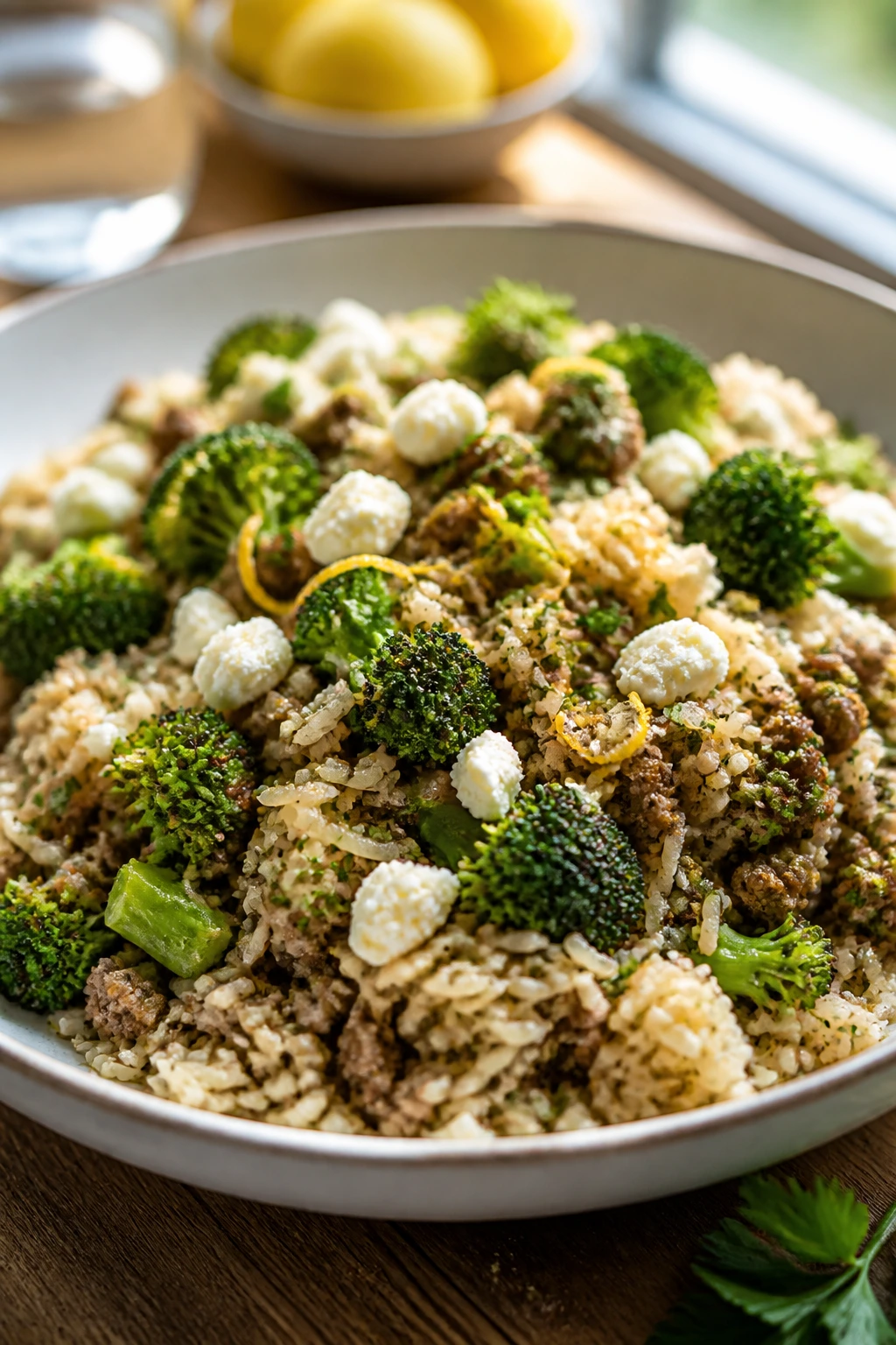 Beef broccoli rice with feta on plate