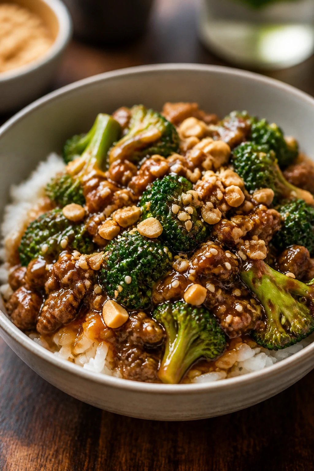 Glossy peanut sesame beef broccoli rice bowl with sesame seeds