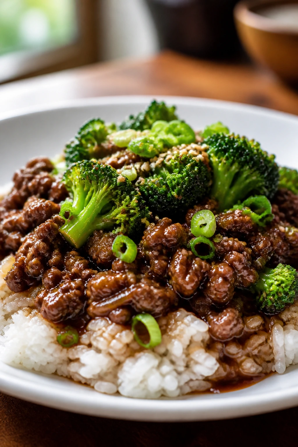 Beef and broccoli over jasmine rice plated with green onion and sesame, served at a table