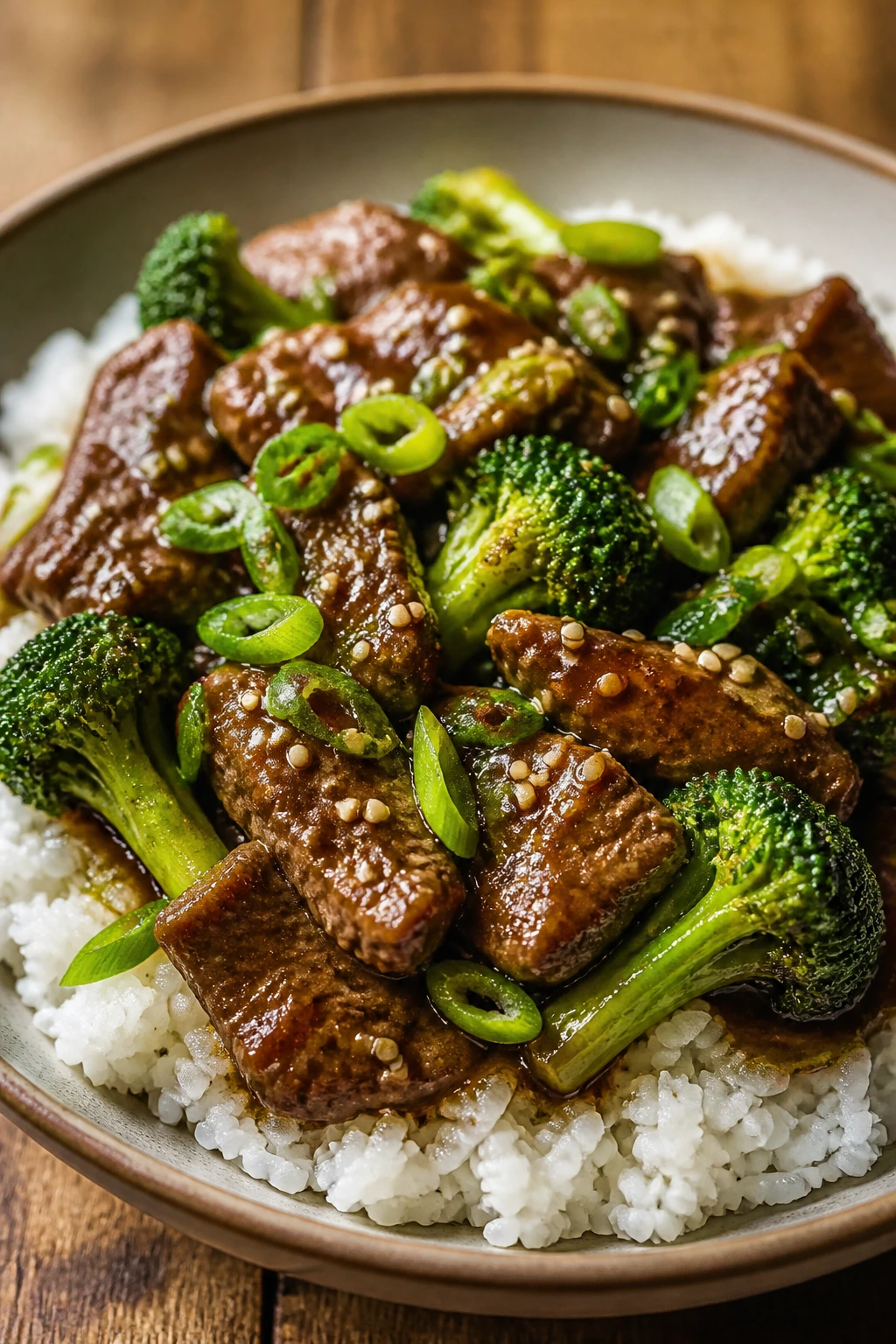 Beef and broccoli over rice plated with sesame and scallions