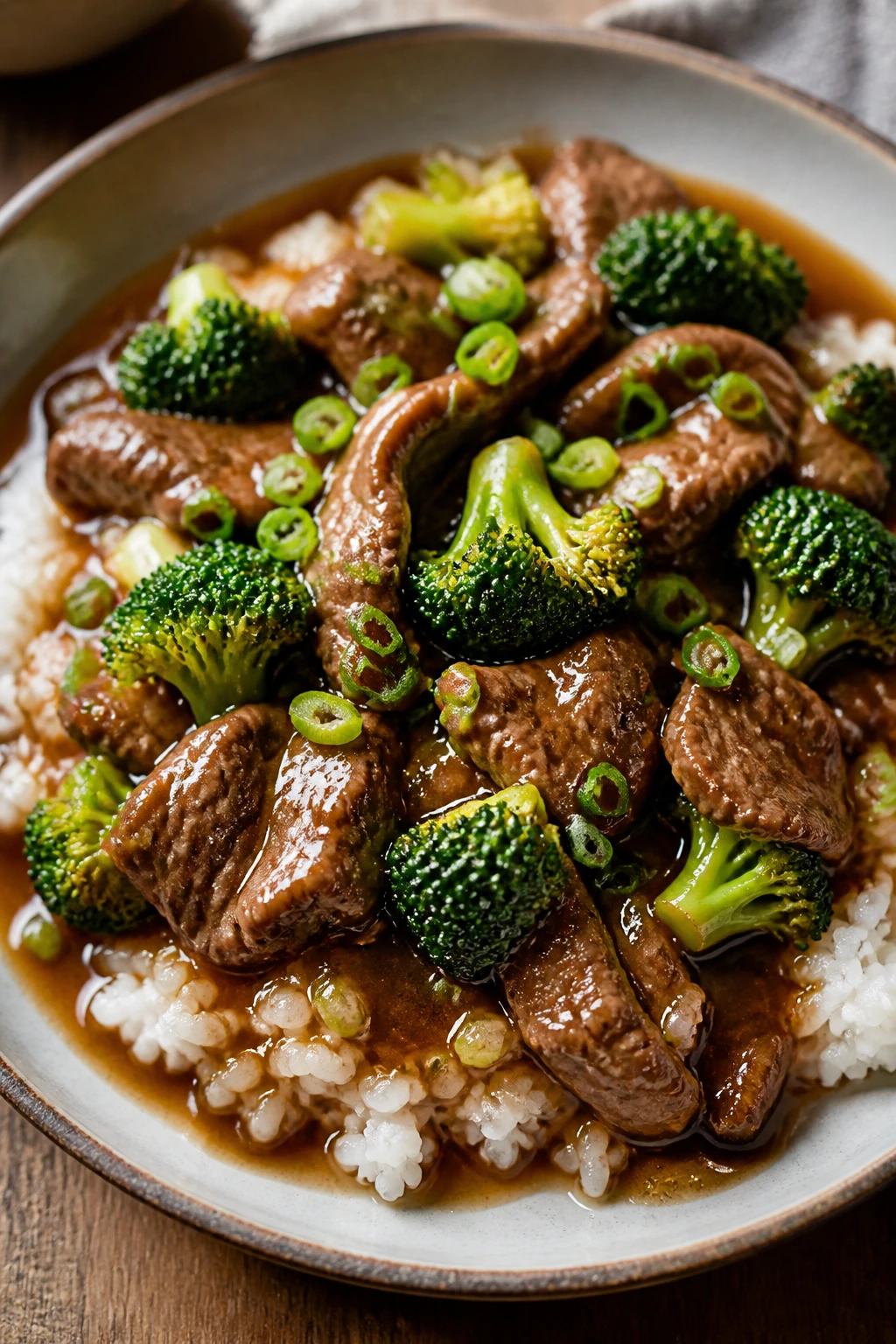 Generous serving of beef and broccoli over rice with glossy sauce