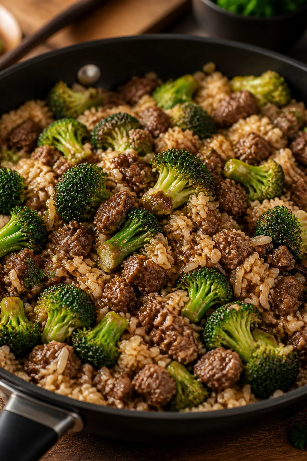 Skillet with beef, broccoli, and rice in savory sauce