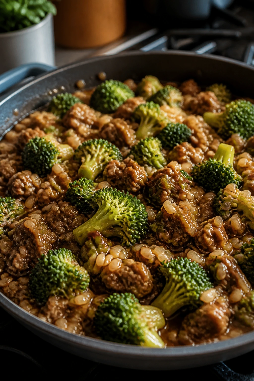 Close-up of beef and broccoli rice skillet in a pan