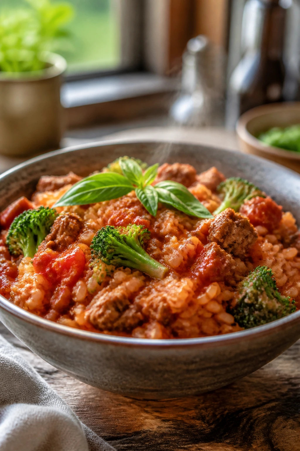 Close-up of tomato basil beef broccoli rice in a bowl with broccoli and rice