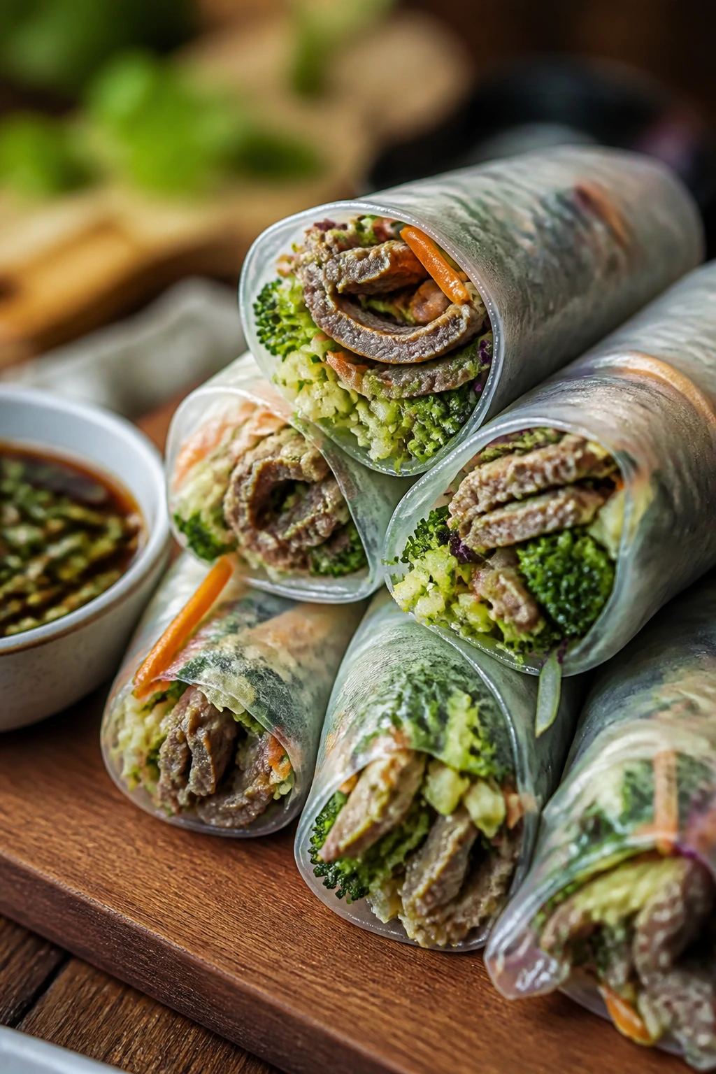 Close-up of beef and broccoli rice paper rolls on wooden board with dipping sauce
