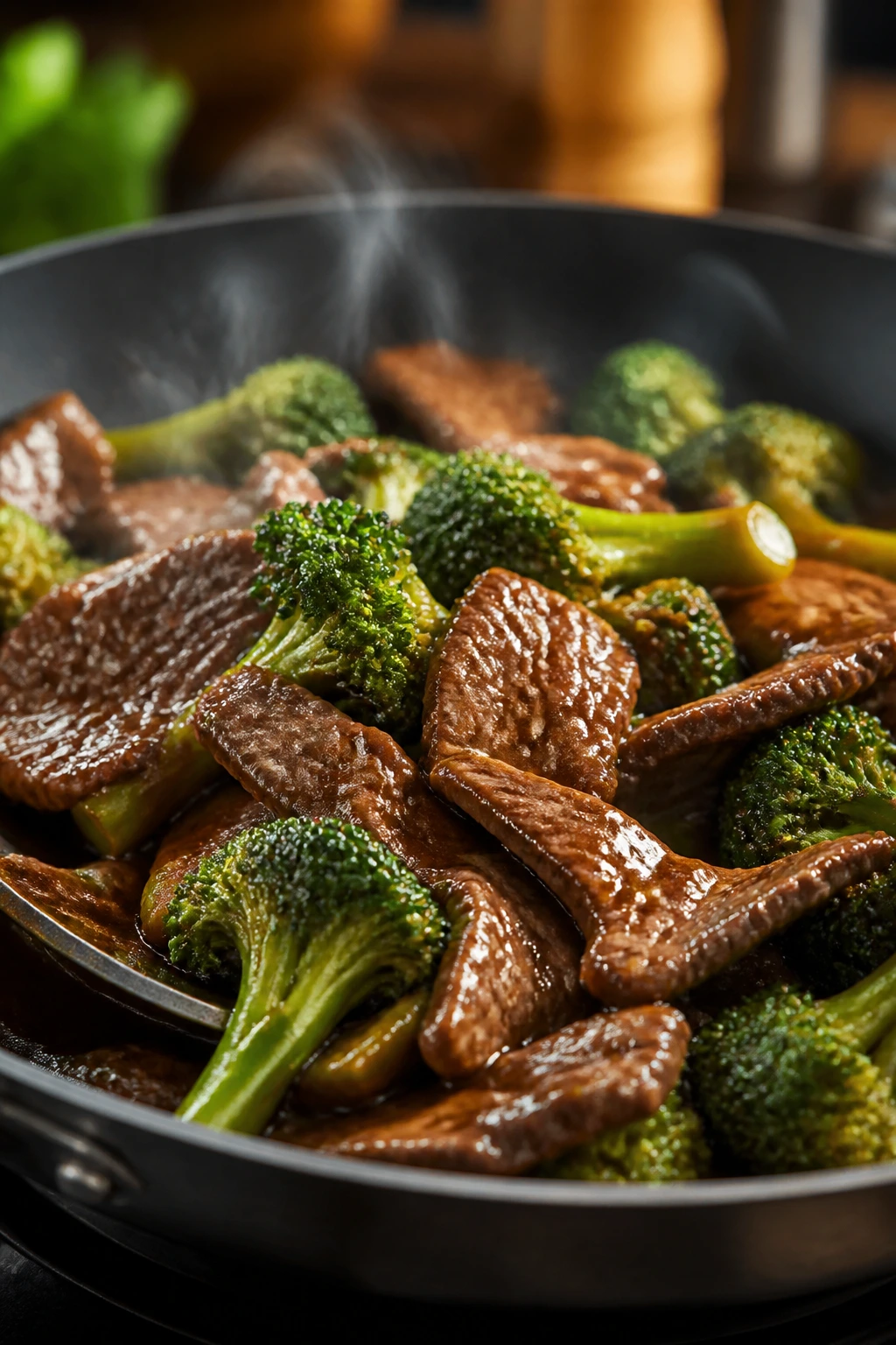 Glossy beef and broccoli with clingy sauce in a pan