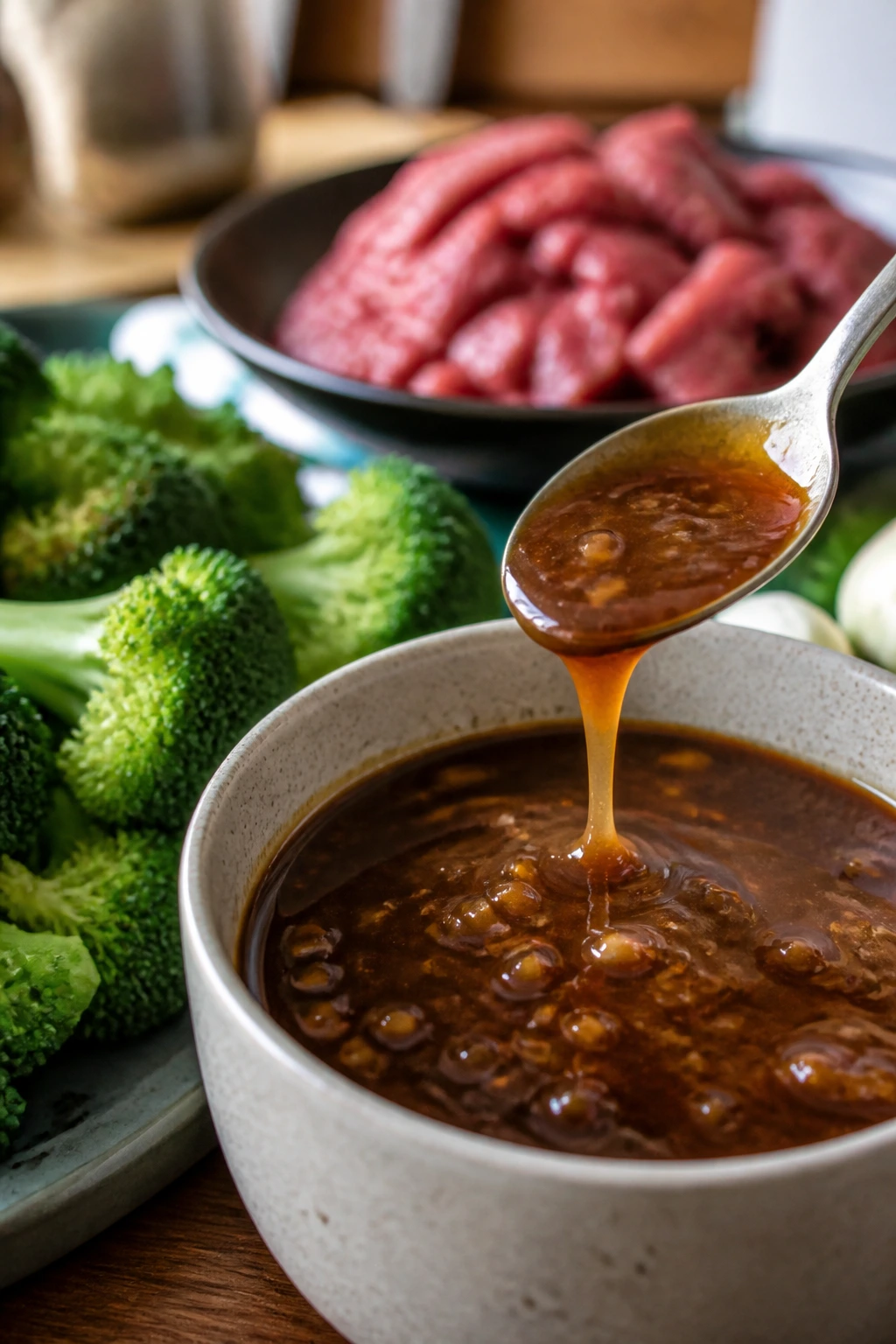 Glossy sauce and broccoli in a bowl, ready to combine with the beef