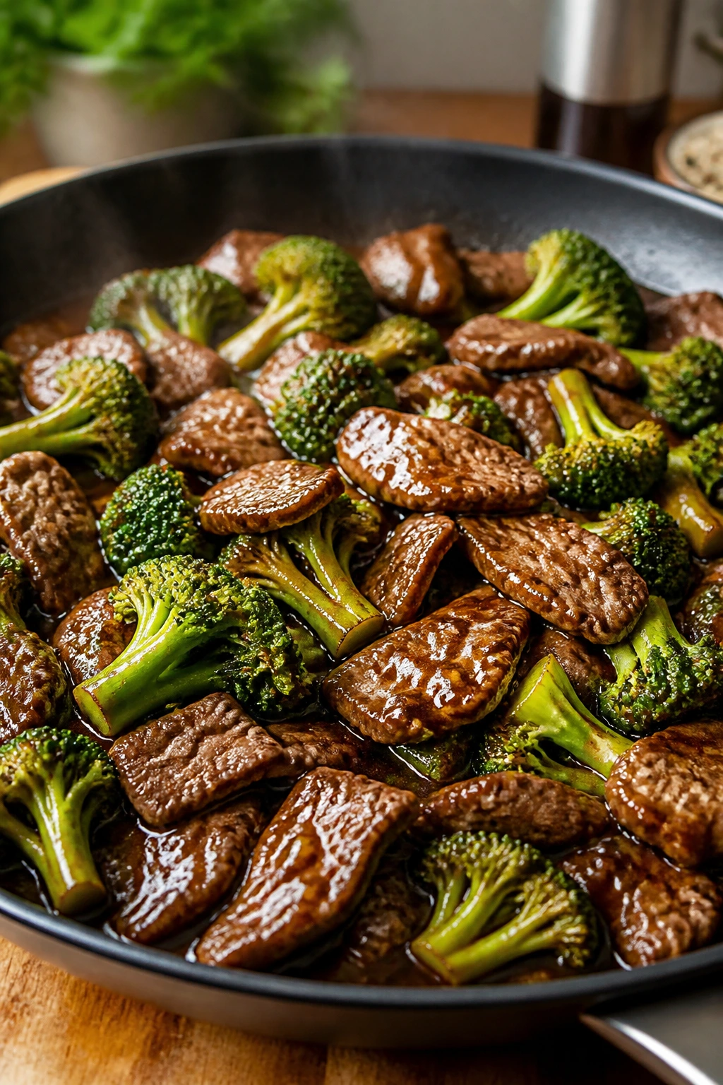 Close-up of glossy beef and broccoli in lacquered sauce in skillet