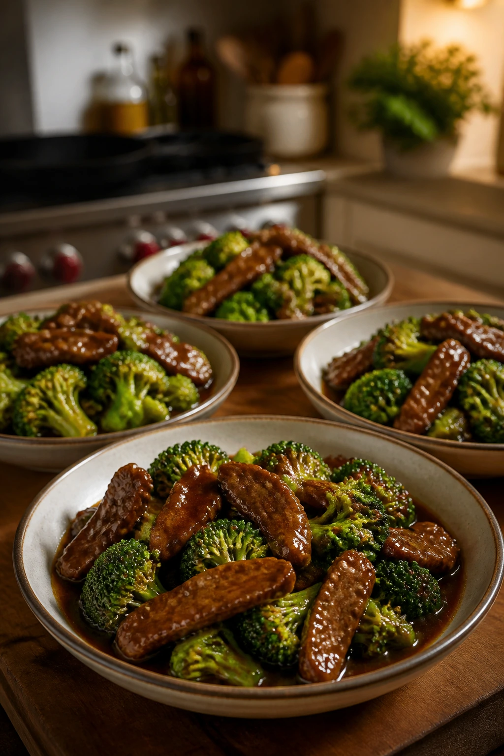 Plated beef and broccoli servings suggesting four portions