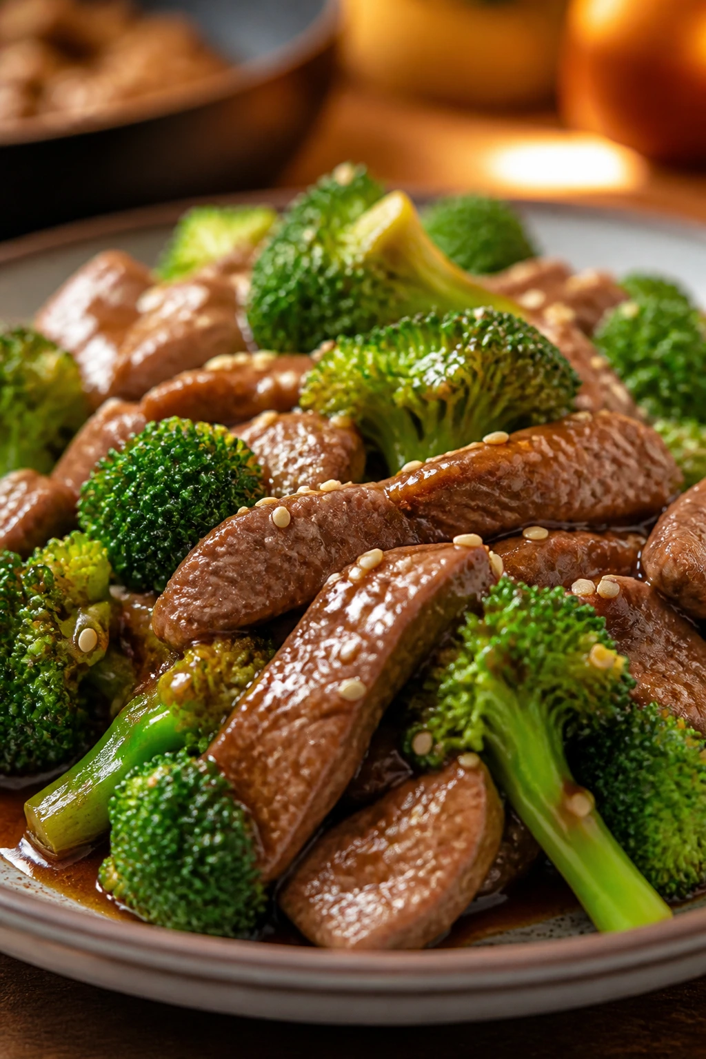 Beef and broccoli with sesame seeds on a plate