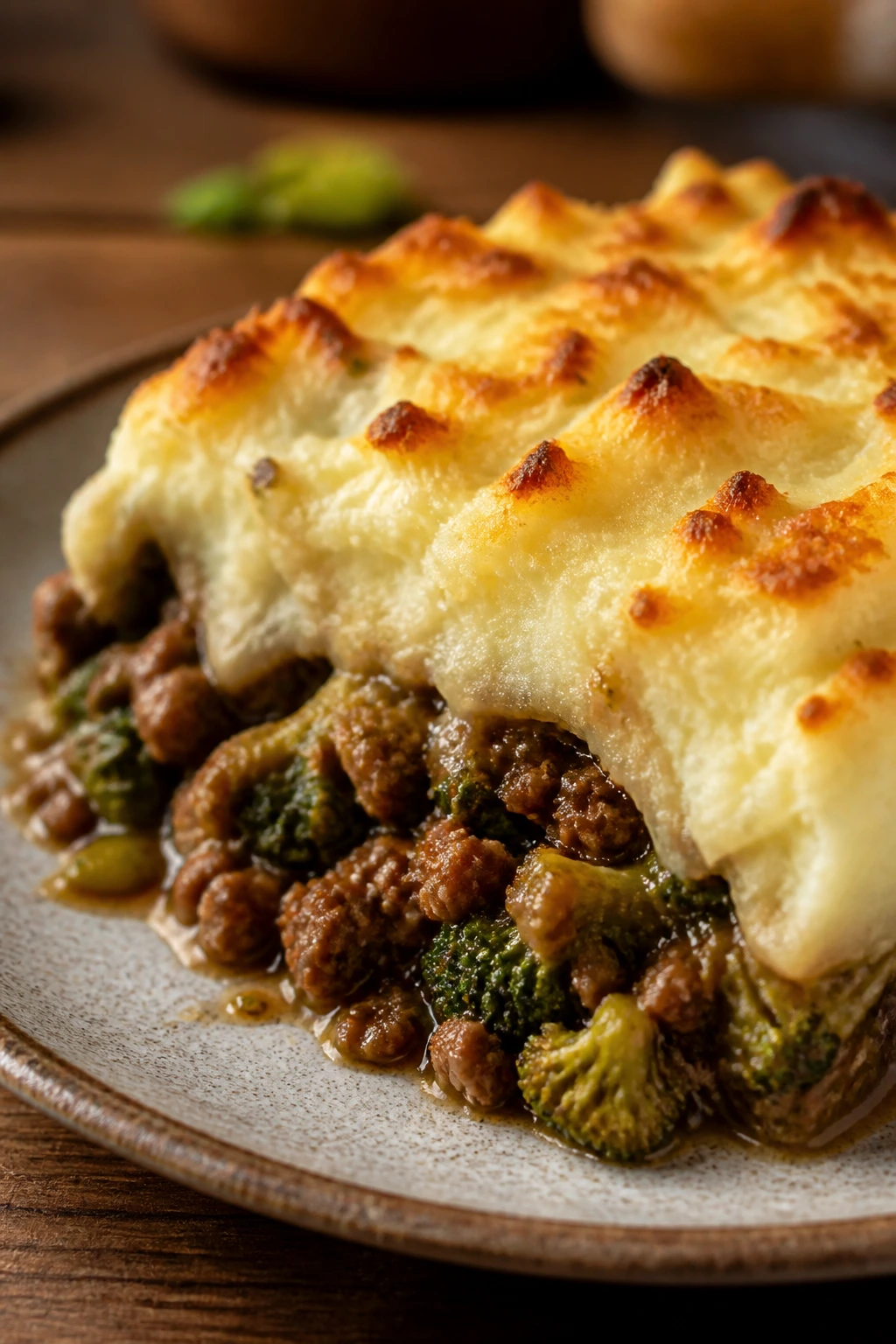 Plated square portion of beef and broccoli shepherd's pie